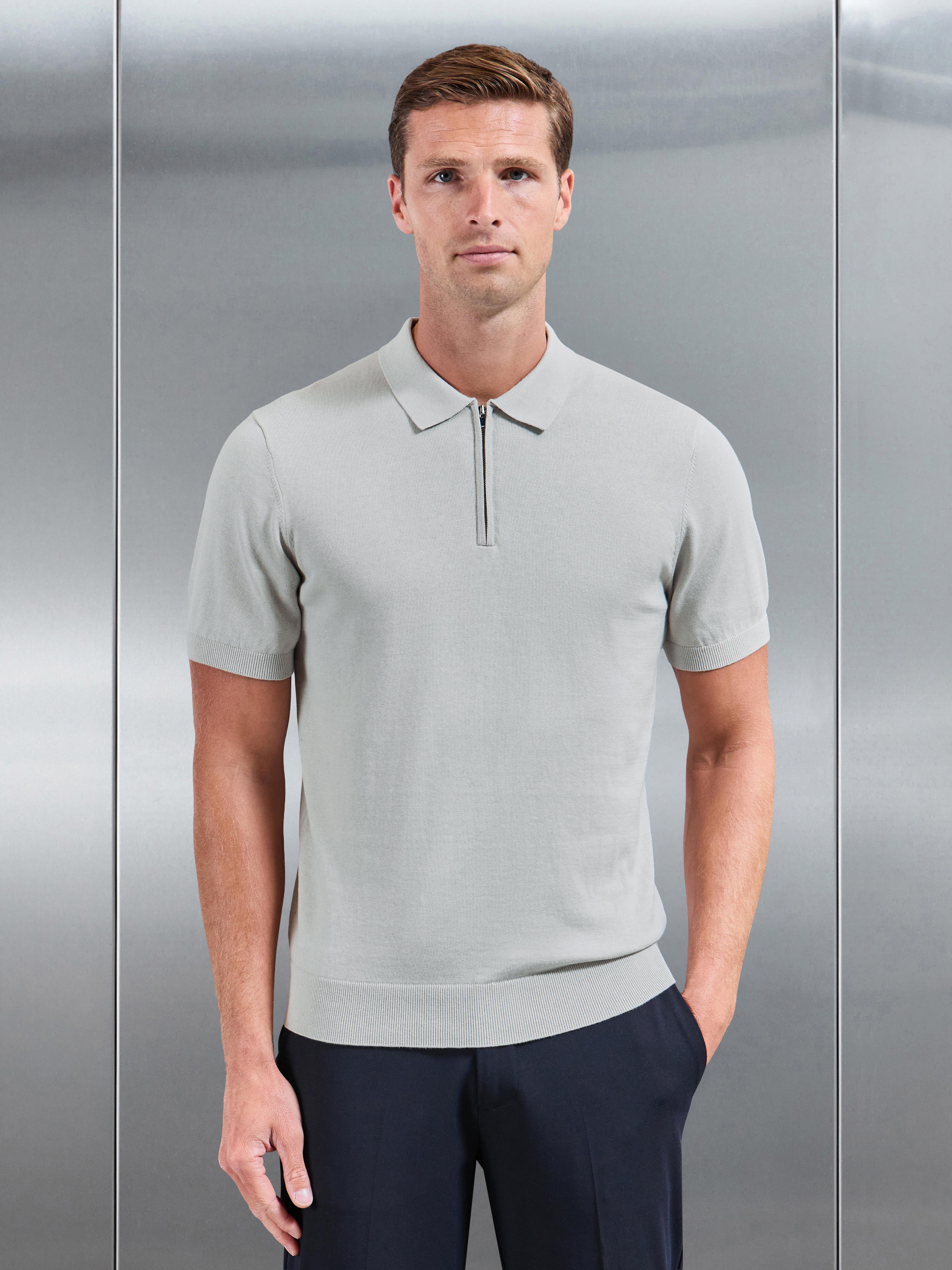 Cotton Knitted Zip Polo Shirt in Mid Grey