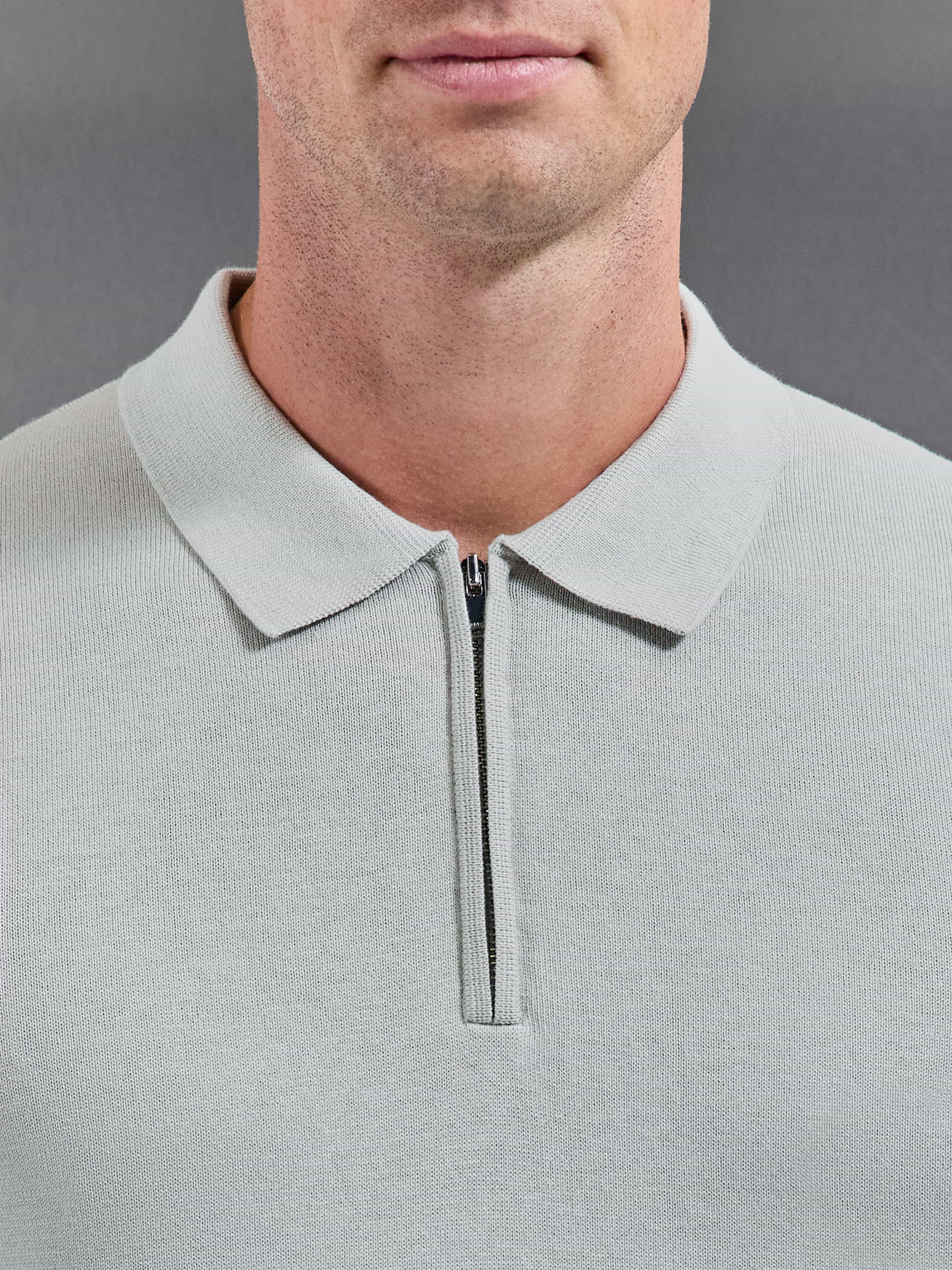 Cotton Knitted Zip Polo Shirt in Mid Grey