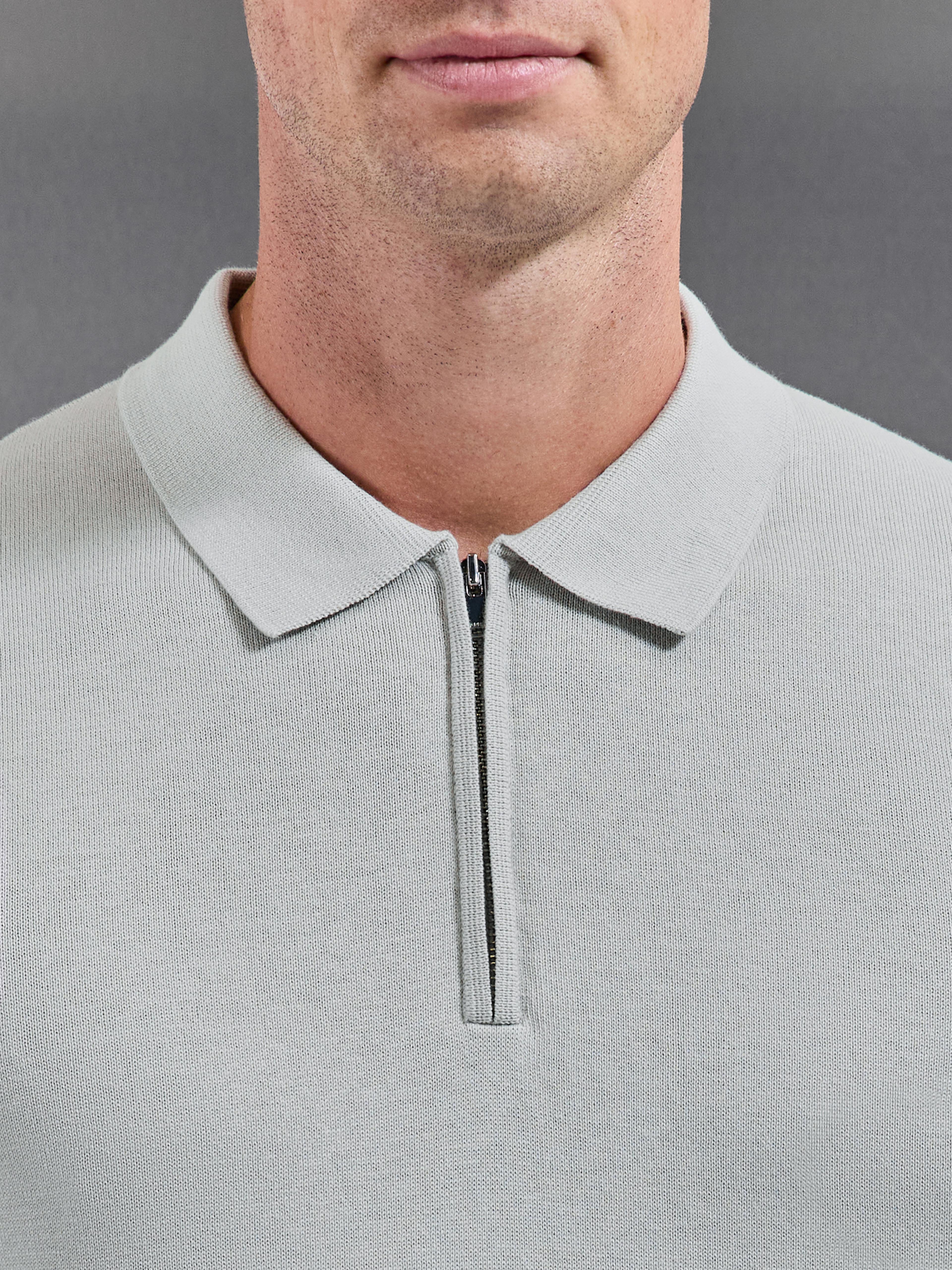Cotton Knitted Zip Polo Shirt in Mid Grey