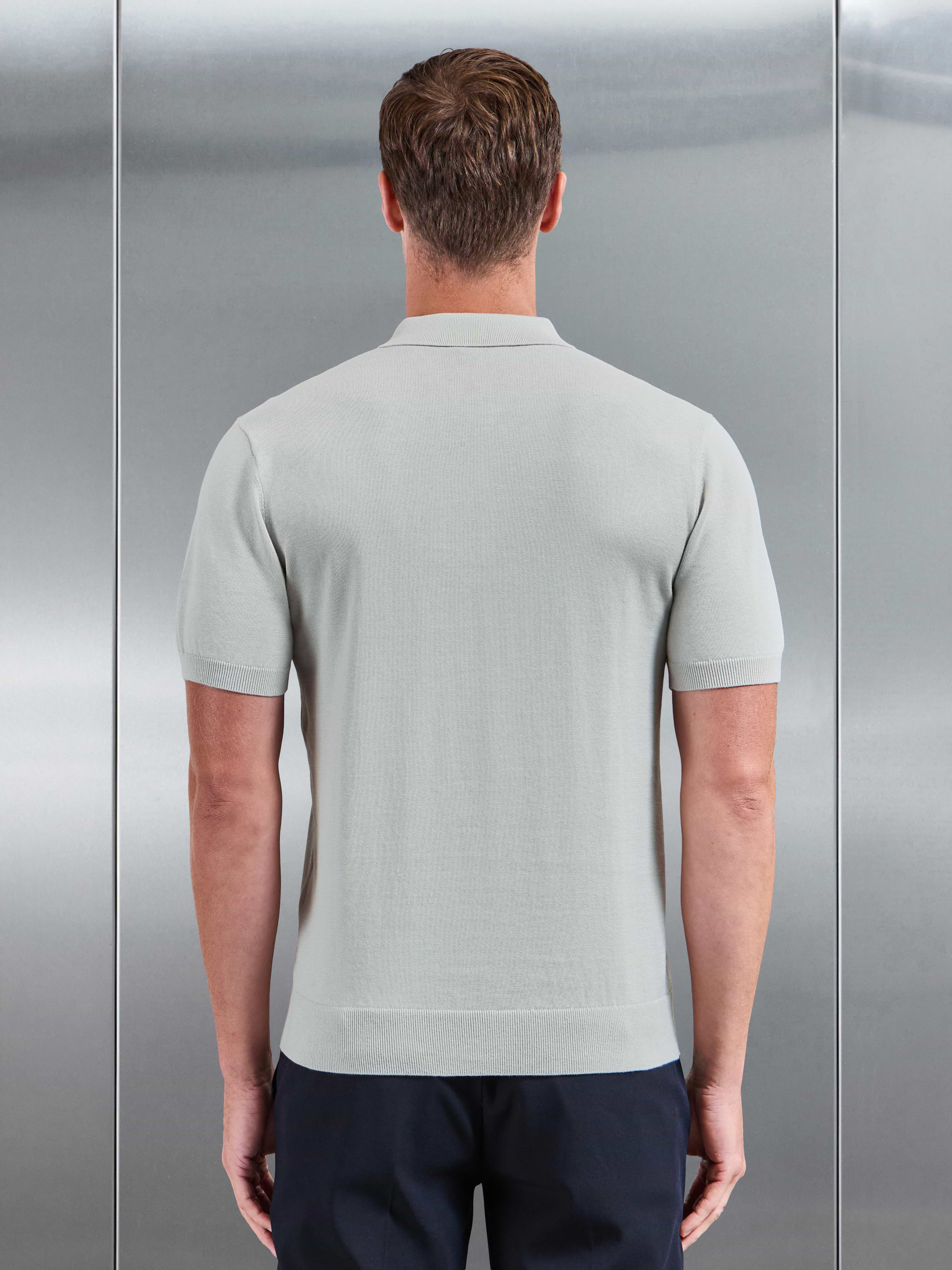 Cotton Knitted Zip Polo Shirt in Mid Grey