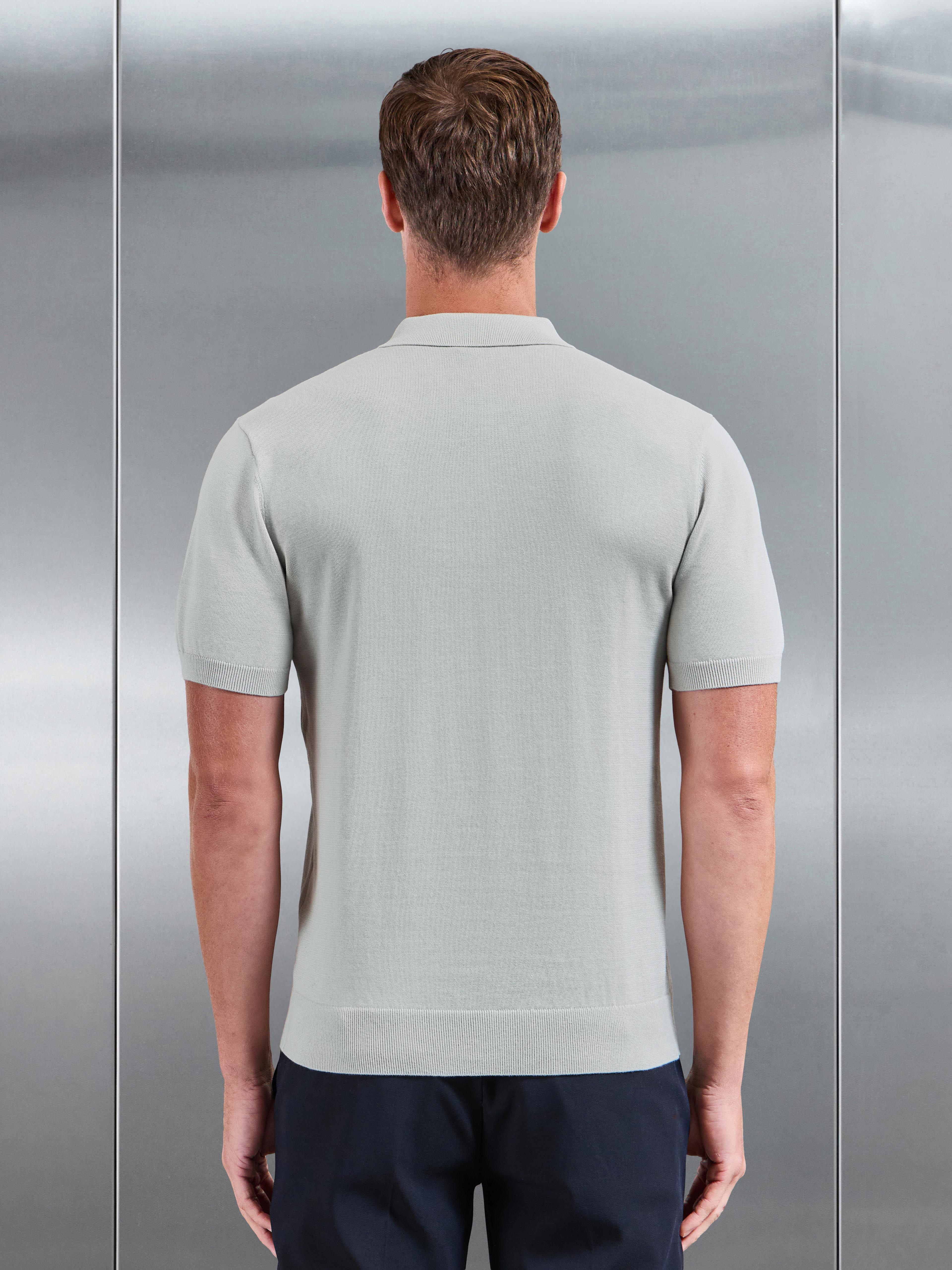 Cotton Knitted Zip Polo Shirt in Mid Grey