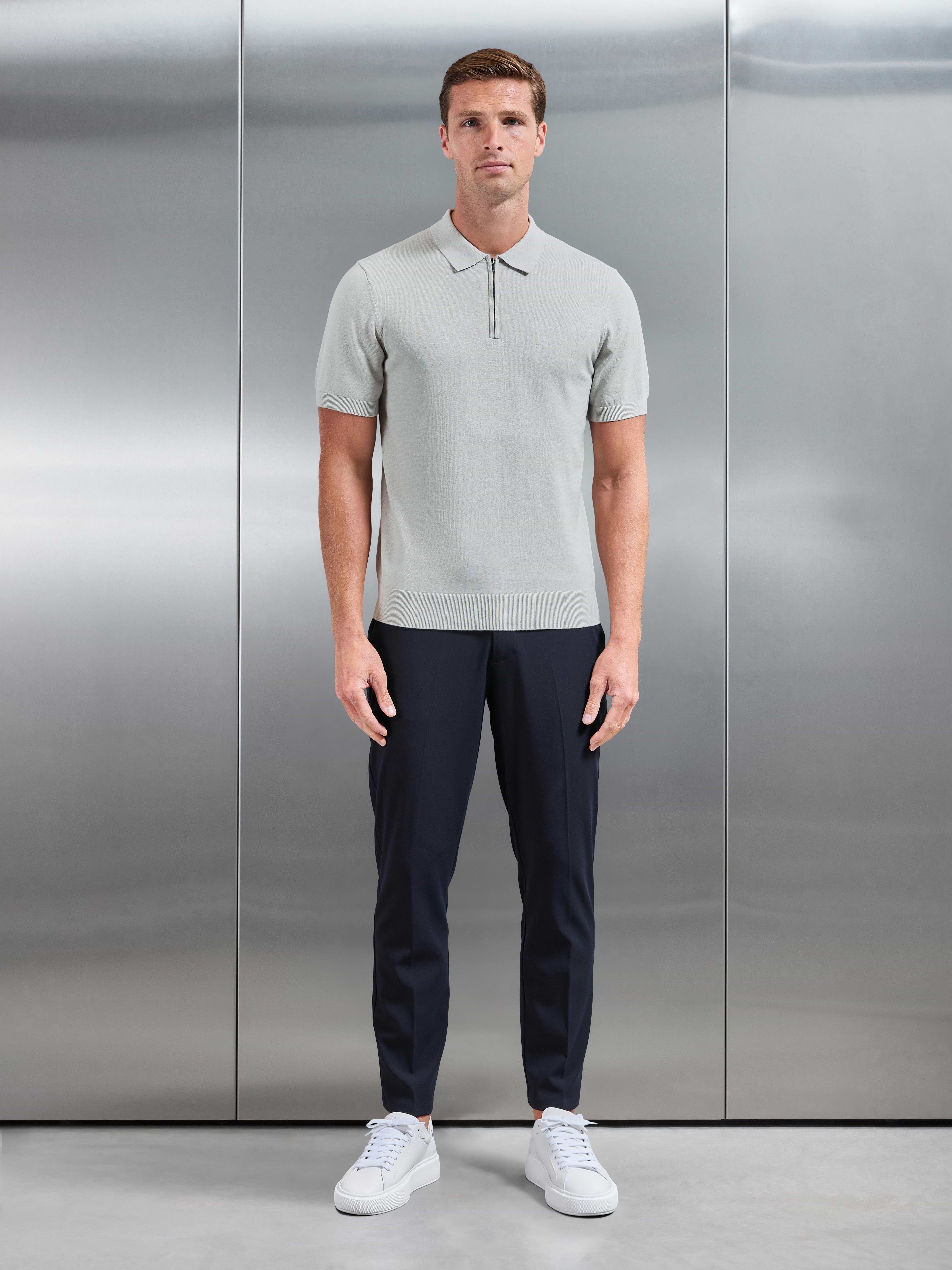 Cotton Knitted Zip Polo Shirt in Mid Grey
