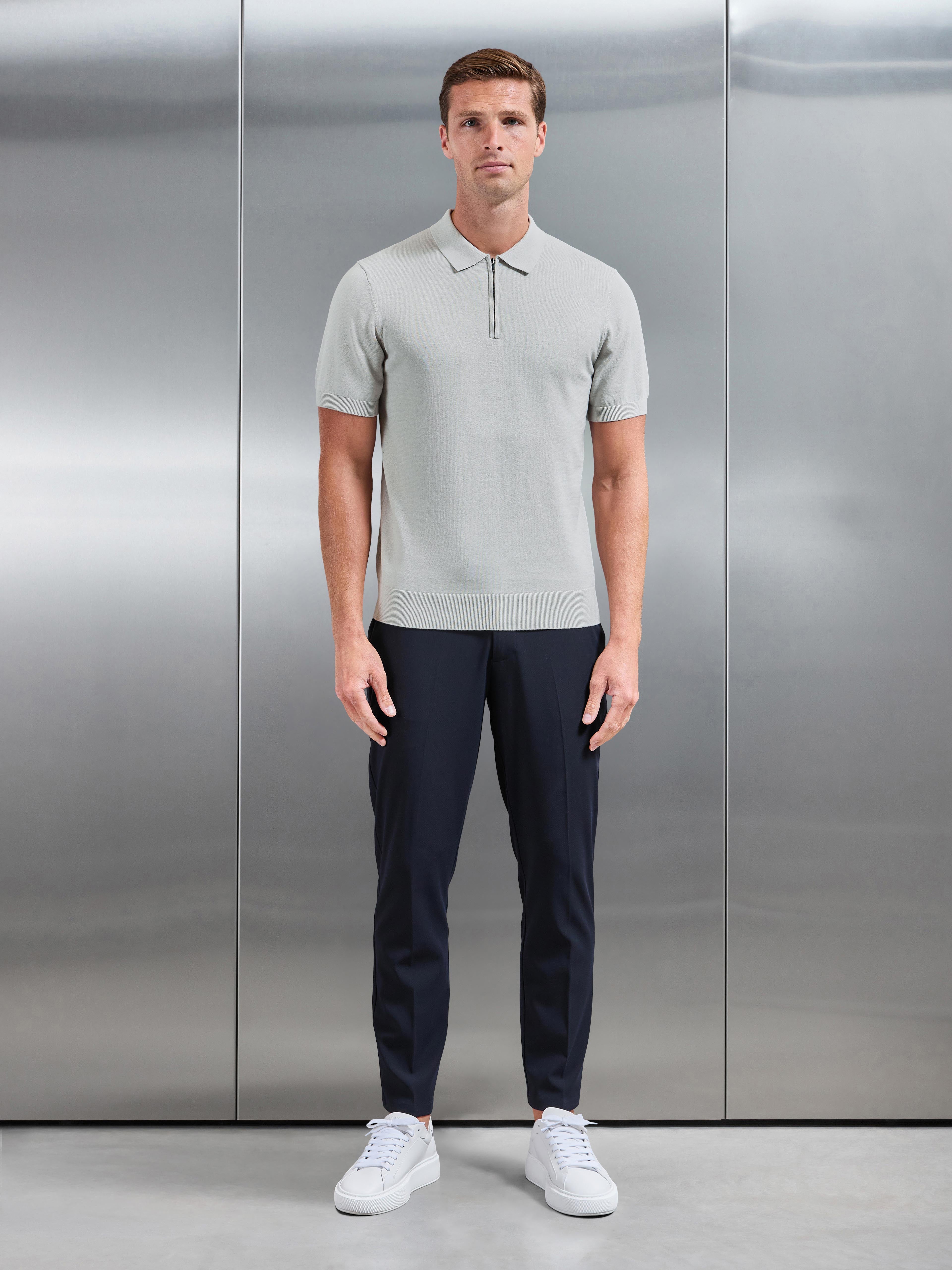 Cotton Knitted Zip Polo Shirt in Mid Grey
