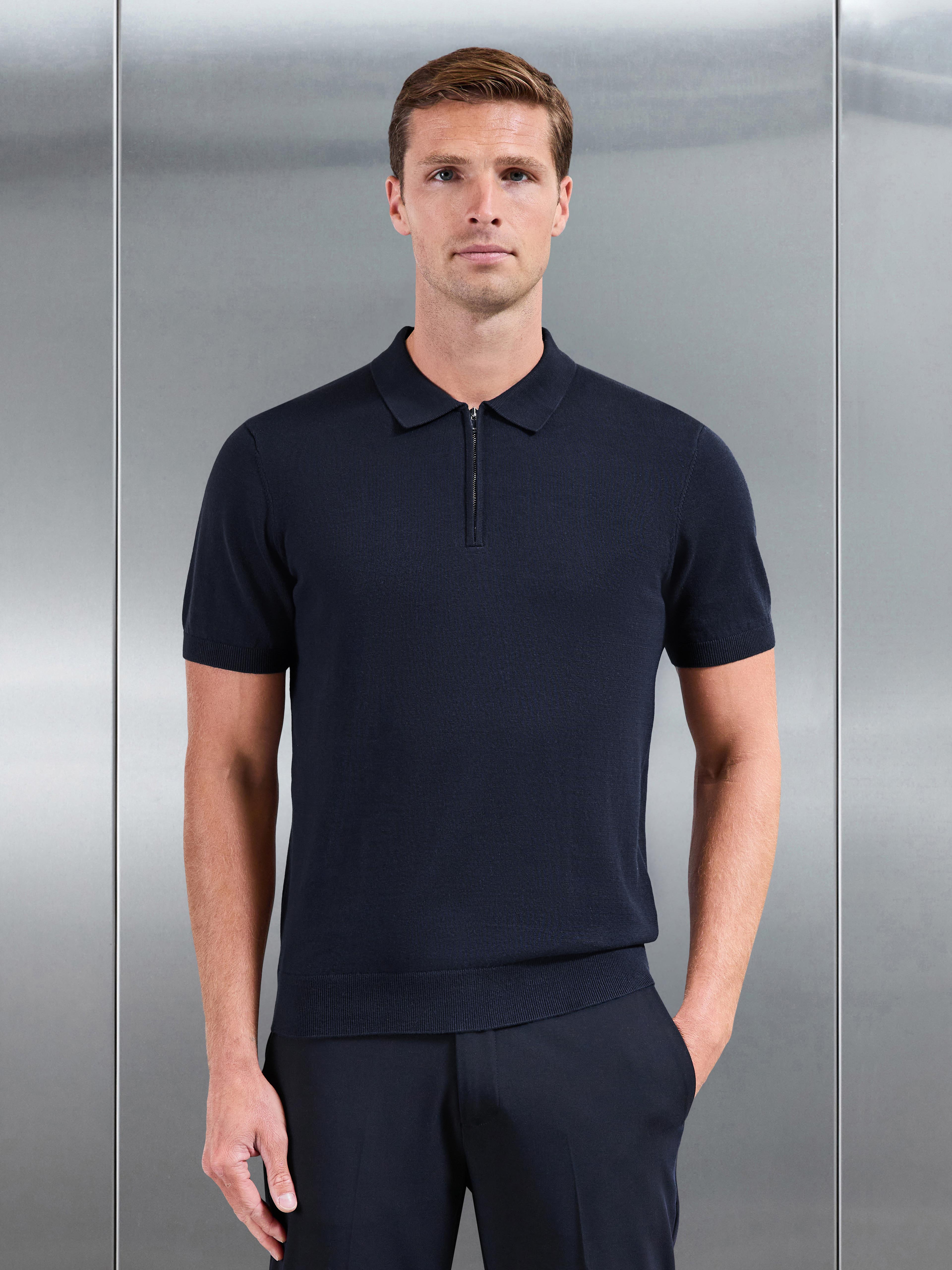 Cotton Knitted Zip Polo Shirt in Navy