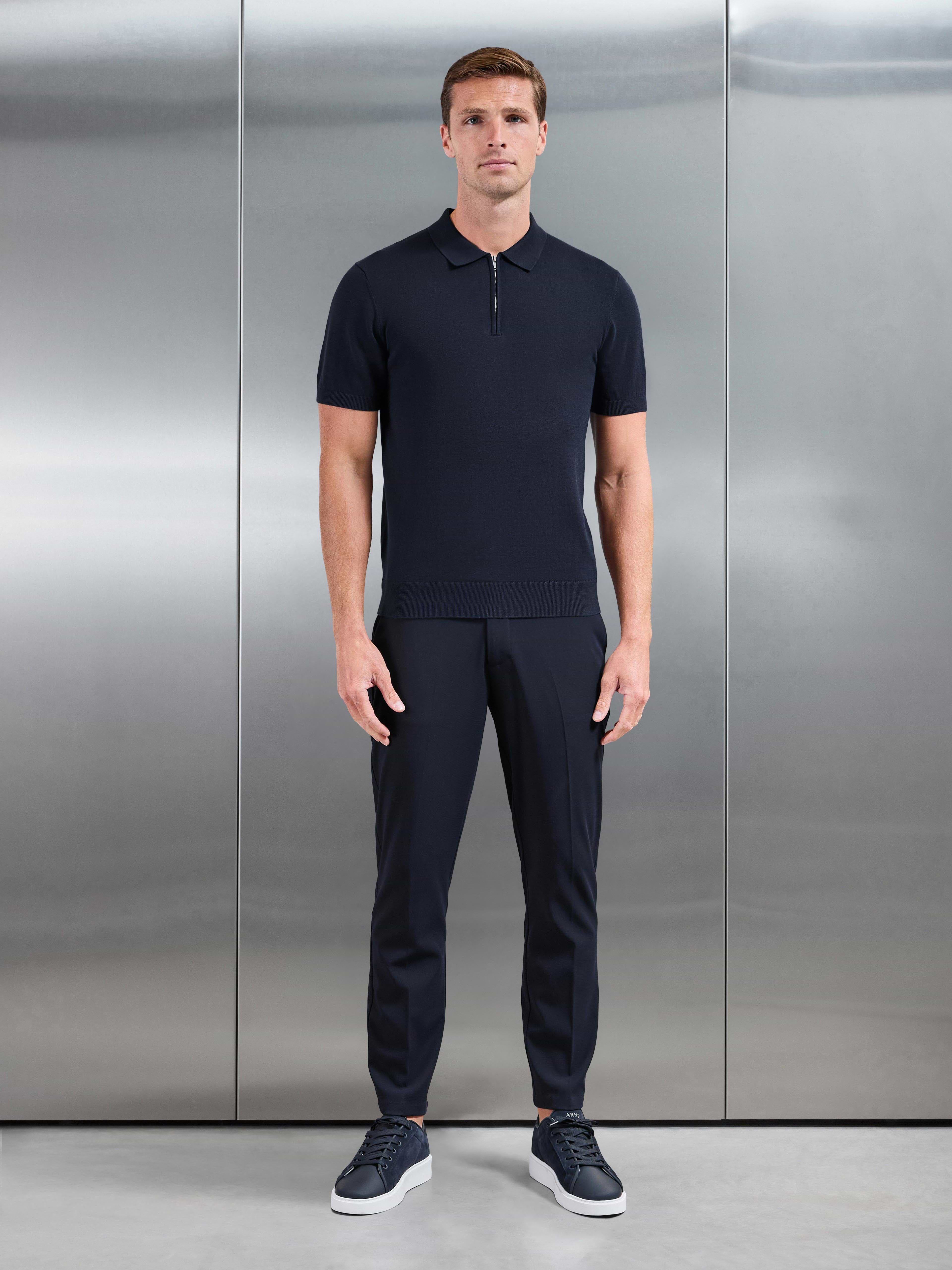 Cotton Knitted Zip Polo Shirt in Navy