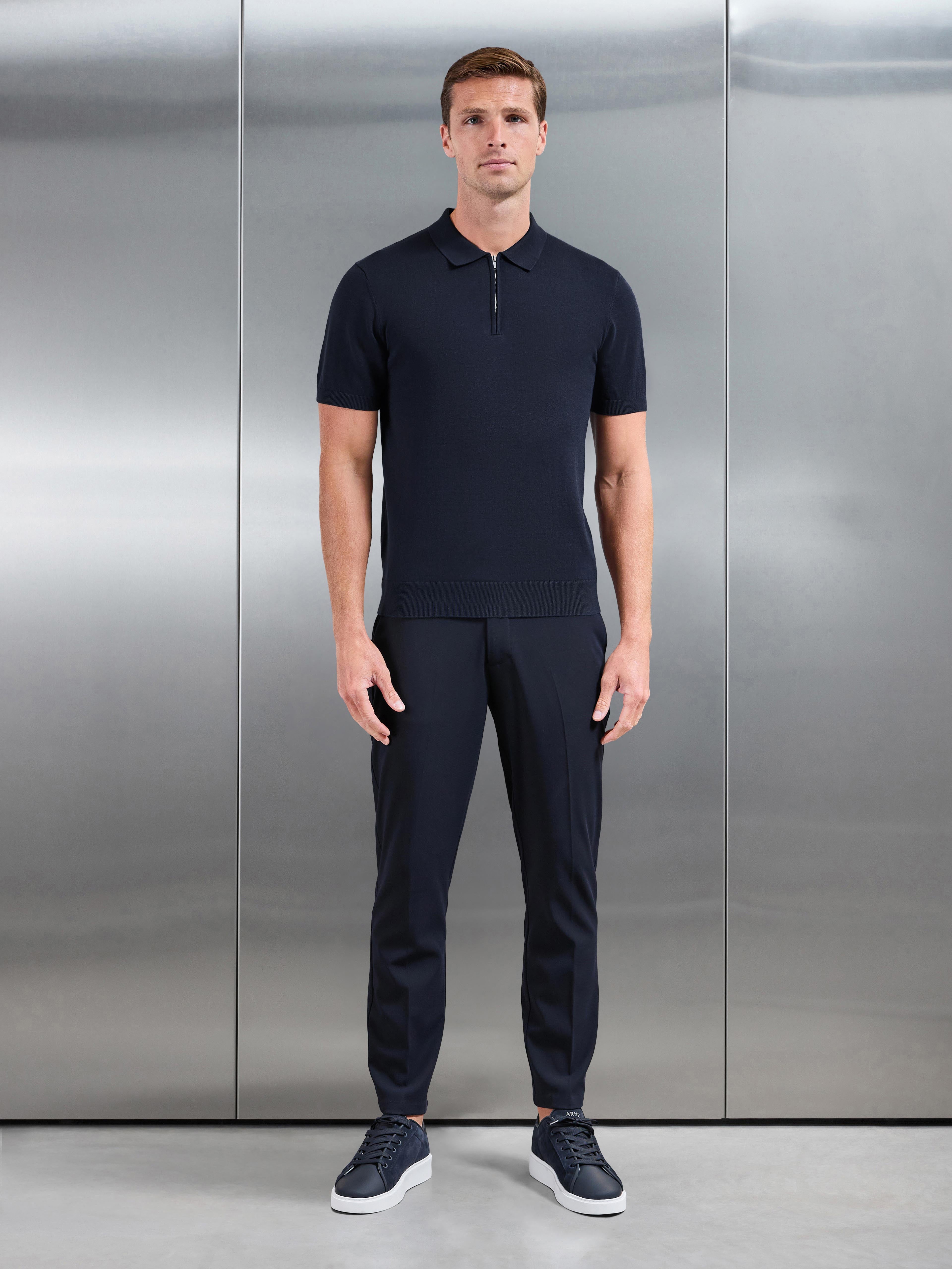 Cotton Knitted Zip Polo Shirt in Navy