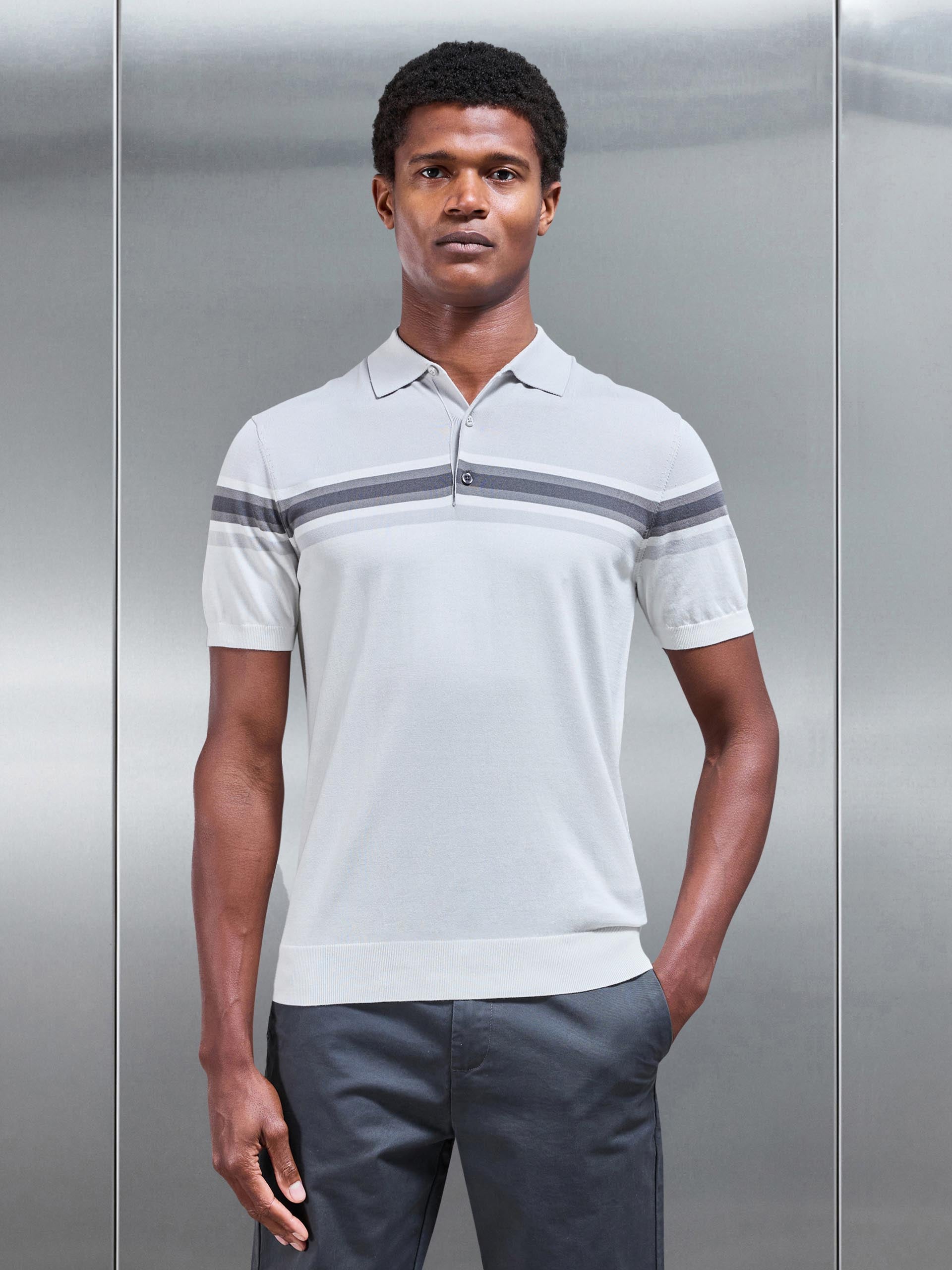 Cotton And Silk Colour Block Button Polo Shirt in Grey