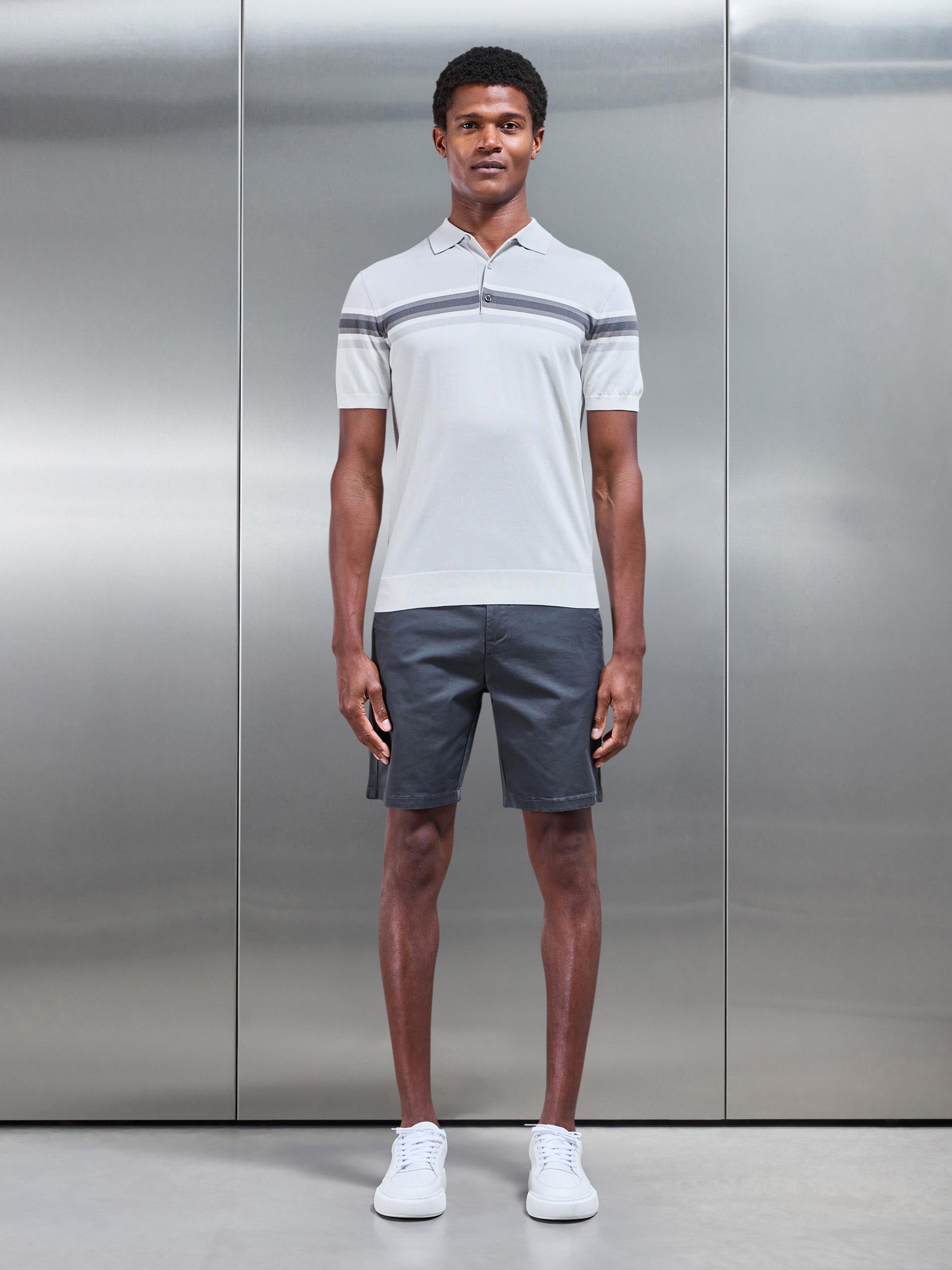 Cotton And Silk Colour Block Button Polo Shirt in Grey