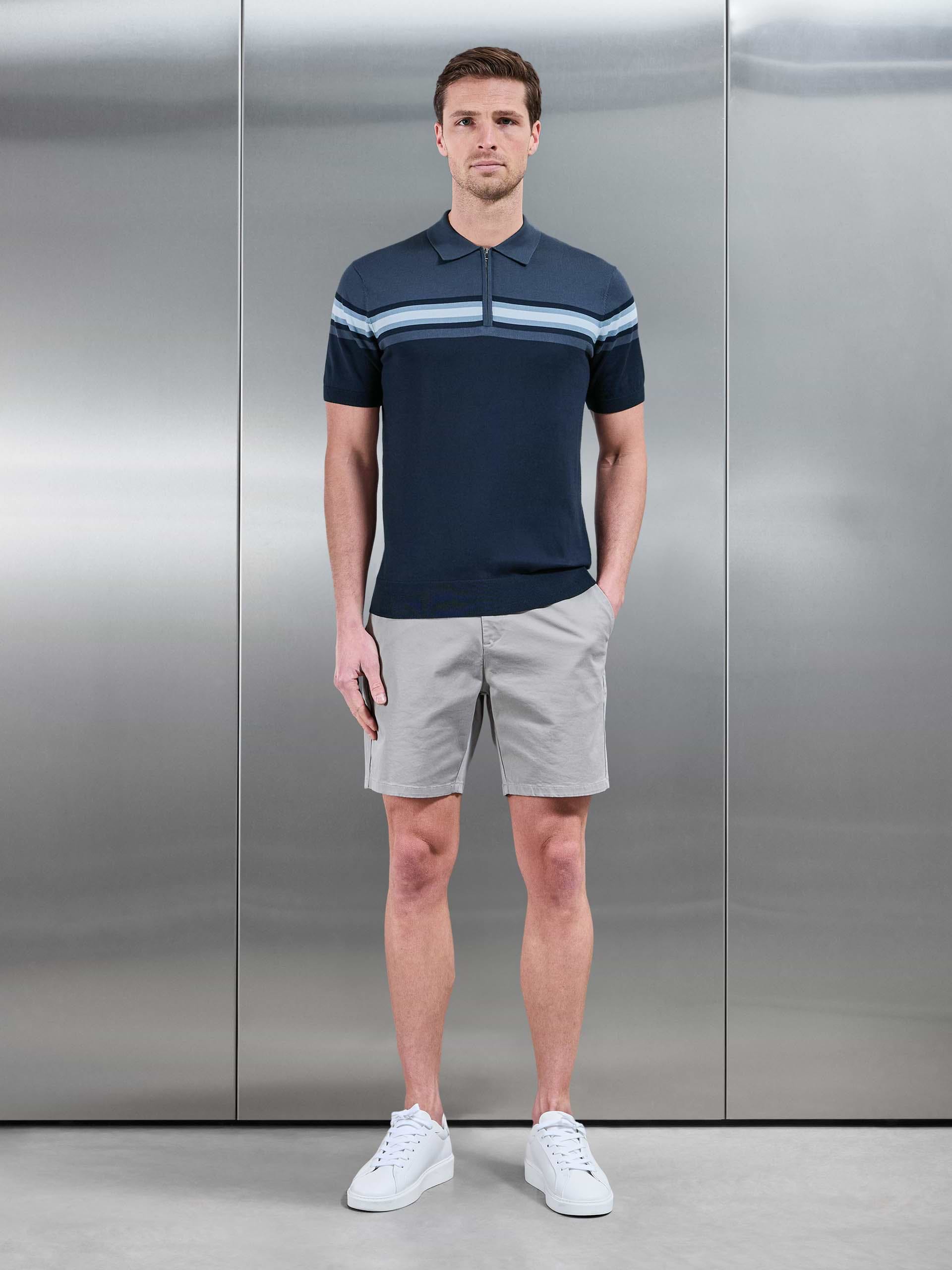 Cotton And Silk Colour Block Zip Polo Shirt in Navy