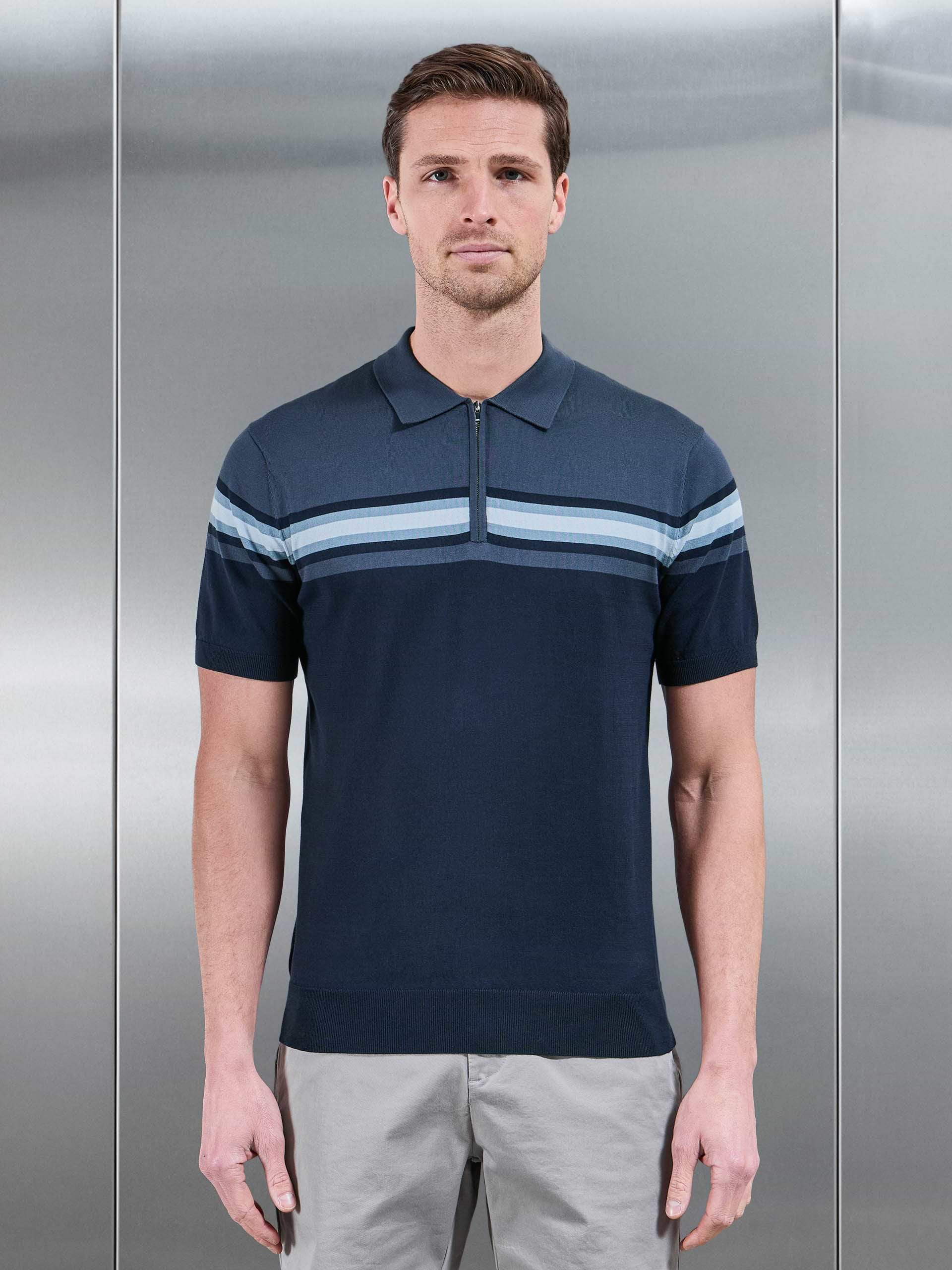Cotton And Silk Colour Block Zip Polo Shirt in Navy