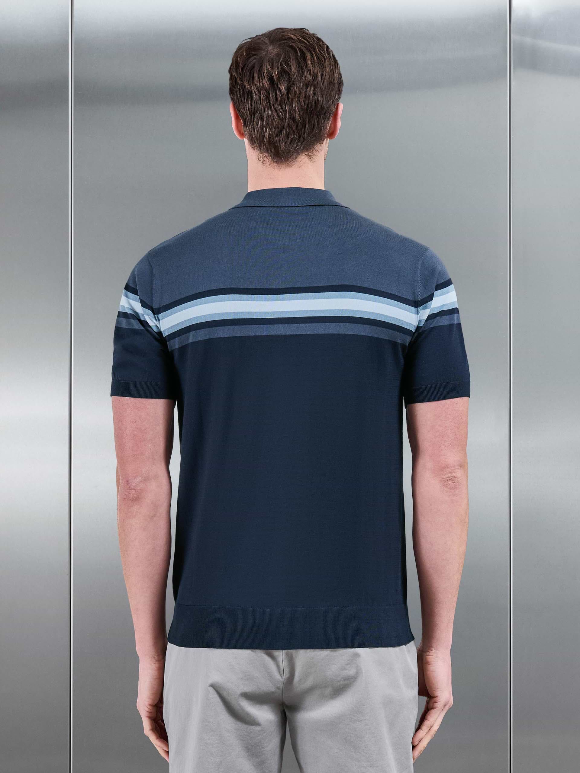 Cotton And Silk Colour Block Zip Polo Shirt in Navy