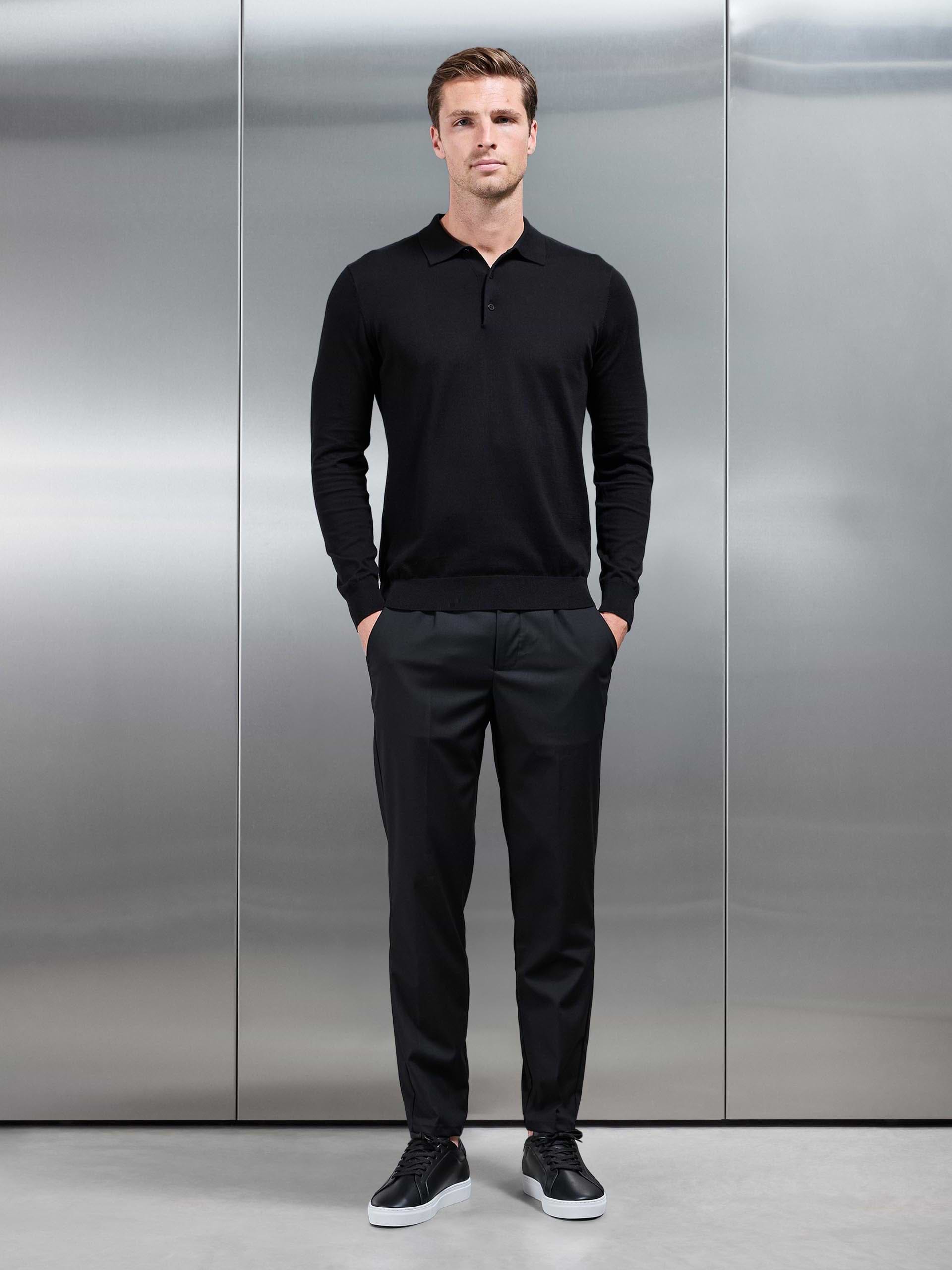 Cotton and Silk Long Sleeve Button Polo Shirt in Black