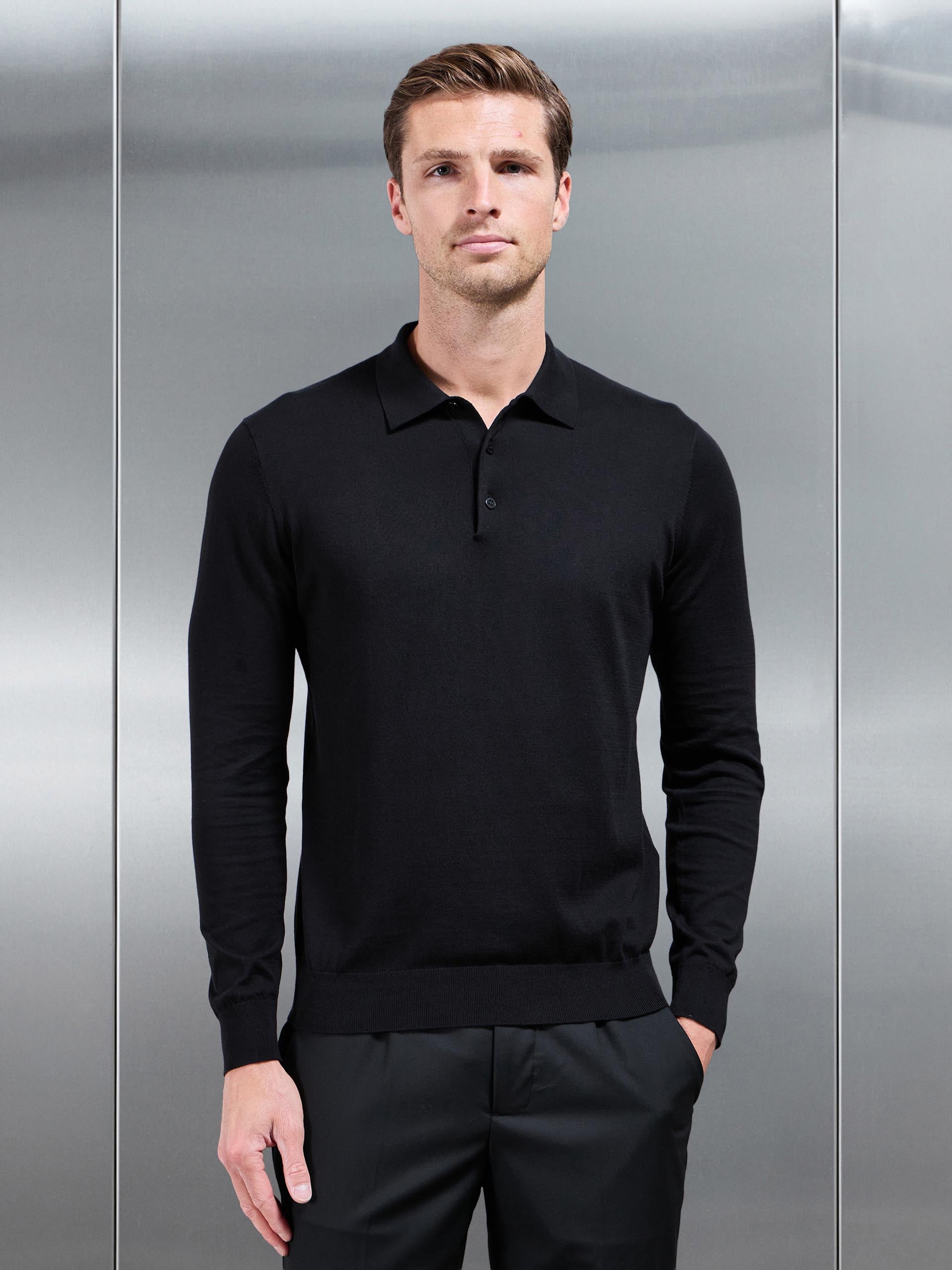 Cotton and Silk Long Sleeve Button Polo Shirt in Black
