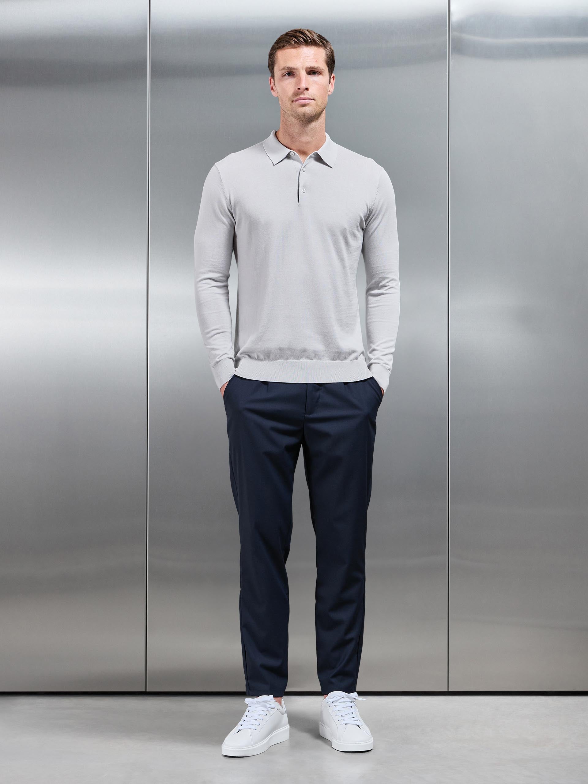 Cotton and Silk Long Sleeve Button Polo Shirt in Mid Grey