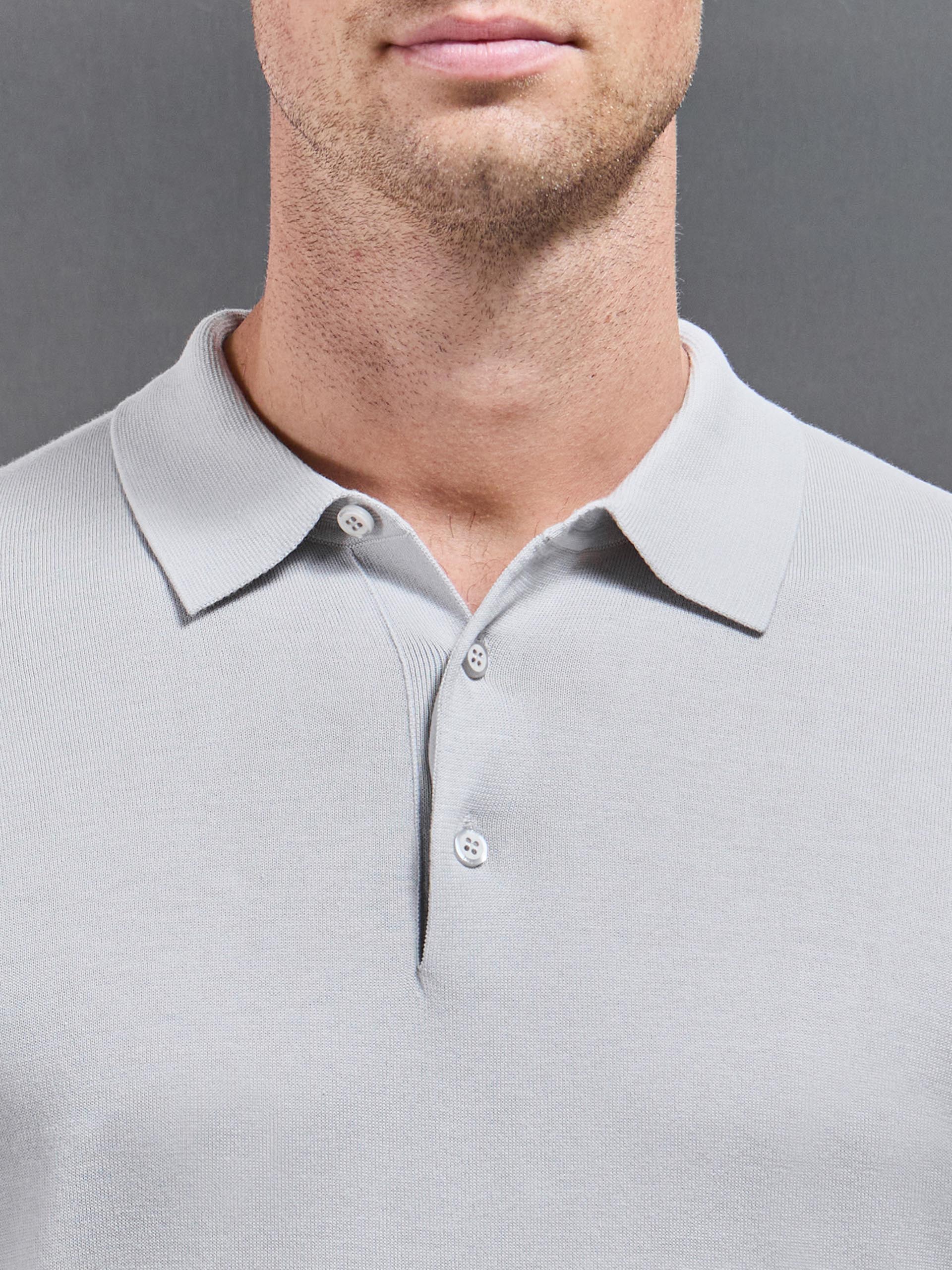 Cotton and Silk Long Sleeve Button Polo Shirt in Mid Grey