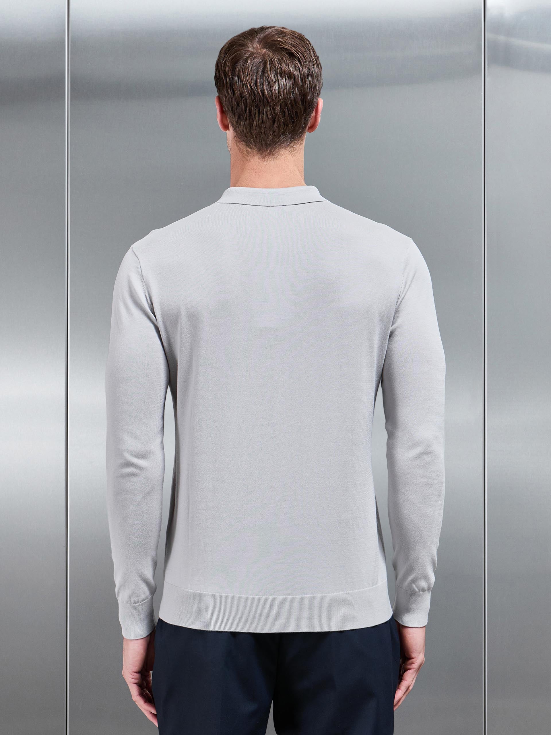 Cotton and Silk Long Sleeve Button Polo Shirt in Mid Grey