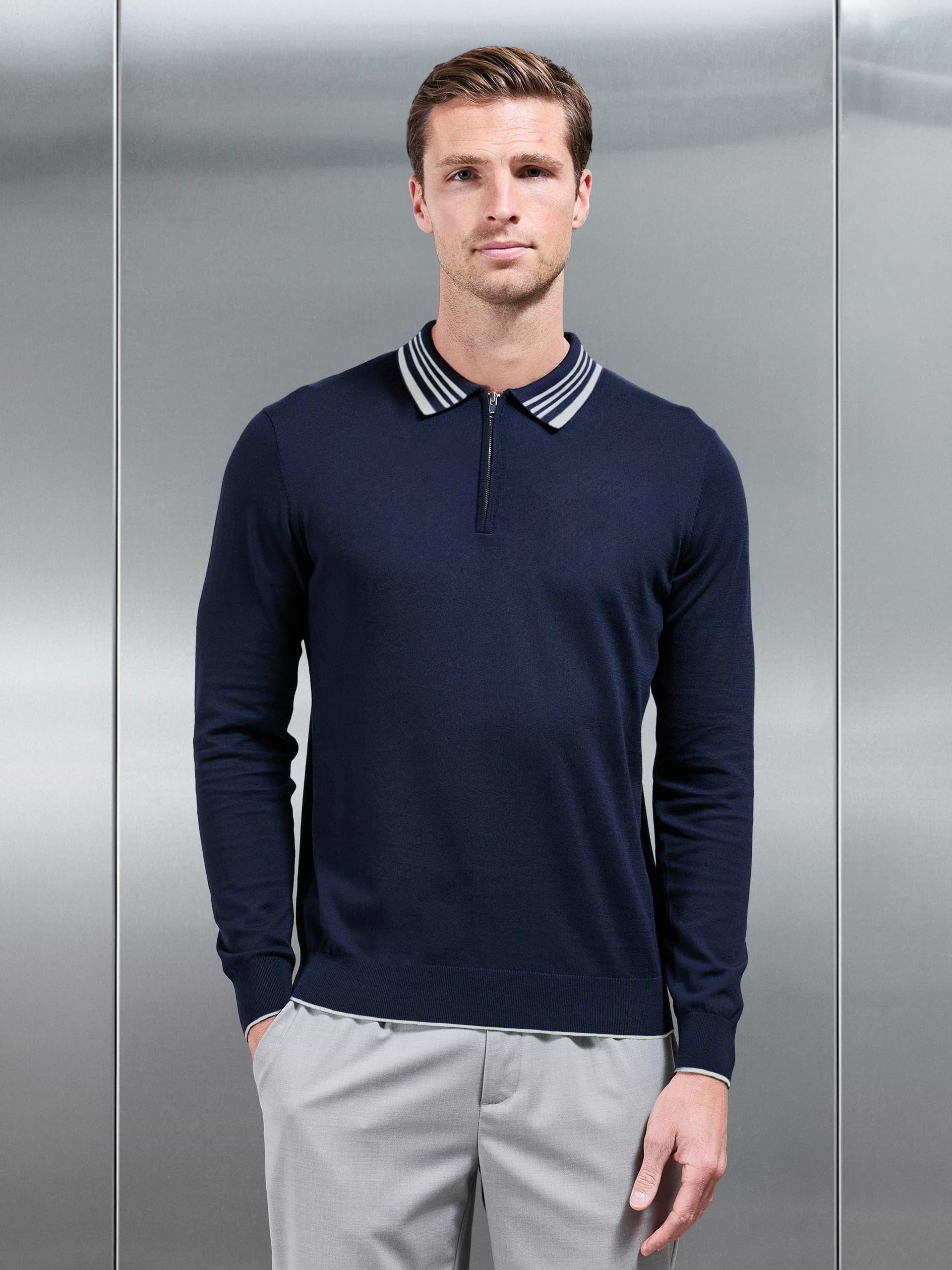 Tipped Knitted Long Sleeve Polo Shirt in Navy Stone