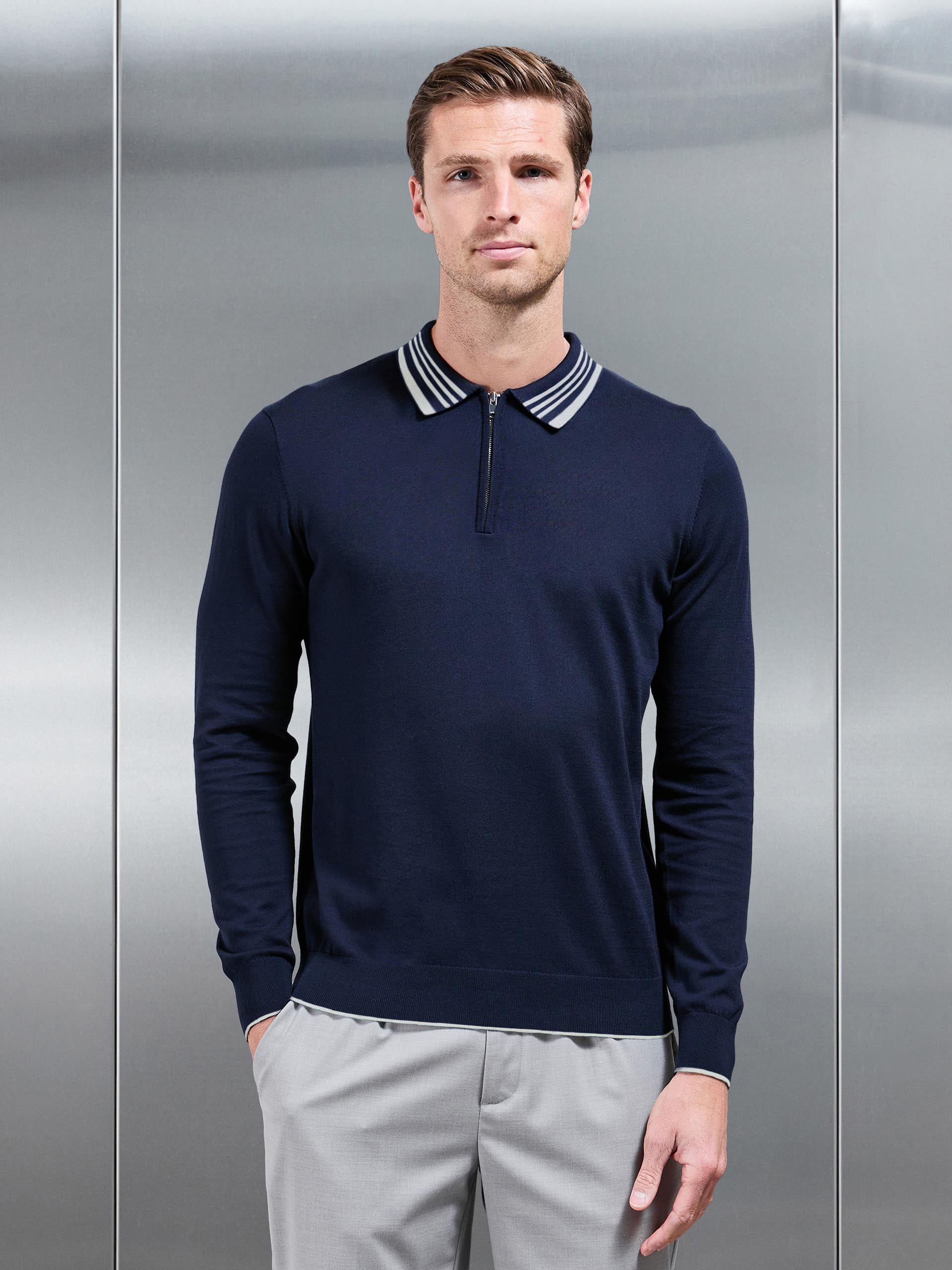 Tipped Knitted Long Sleeve Polo Shirt in Navy Stone