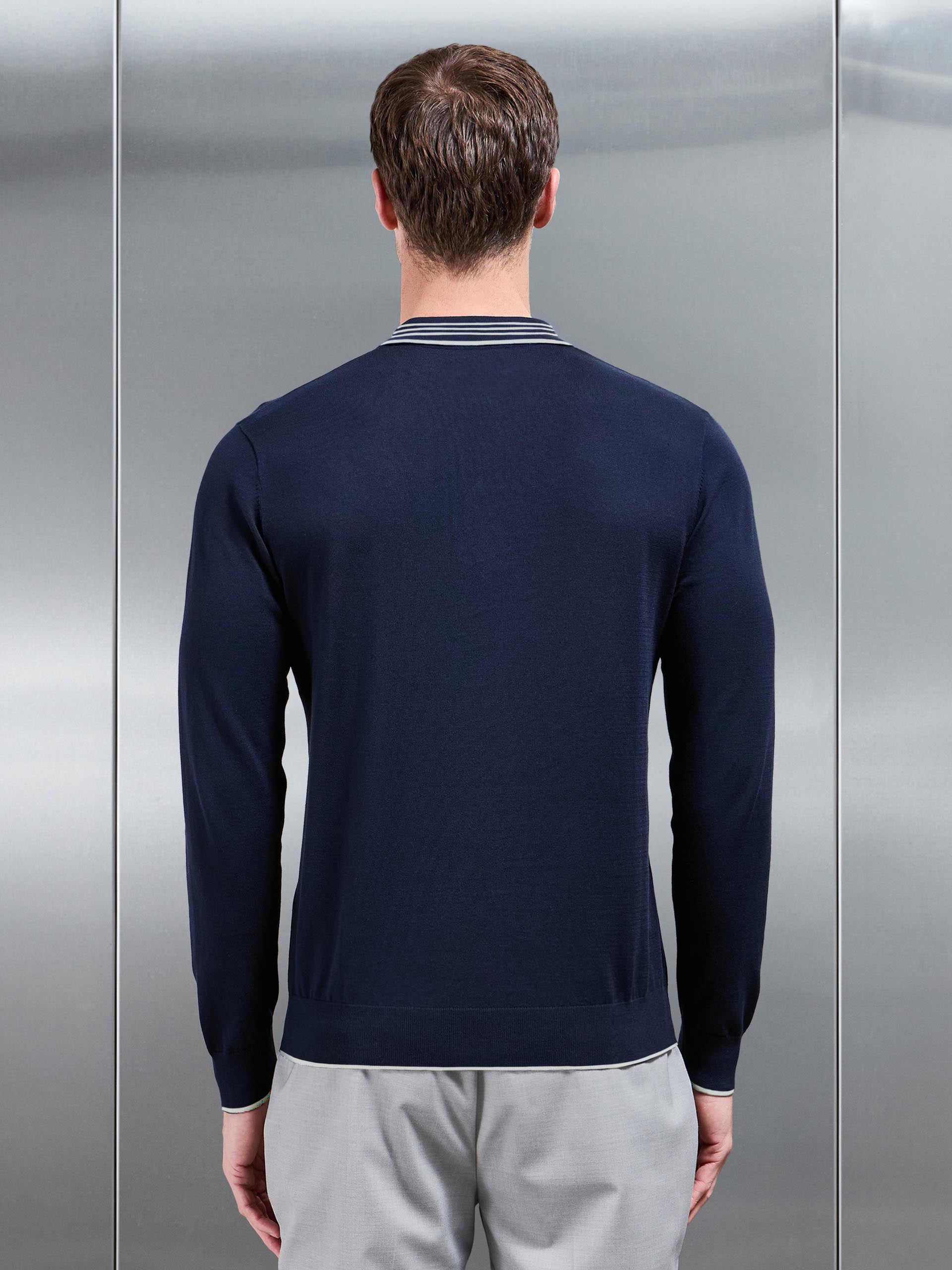 Tipped Knitted Long Sleeve Polo Shirt in Navy Stone