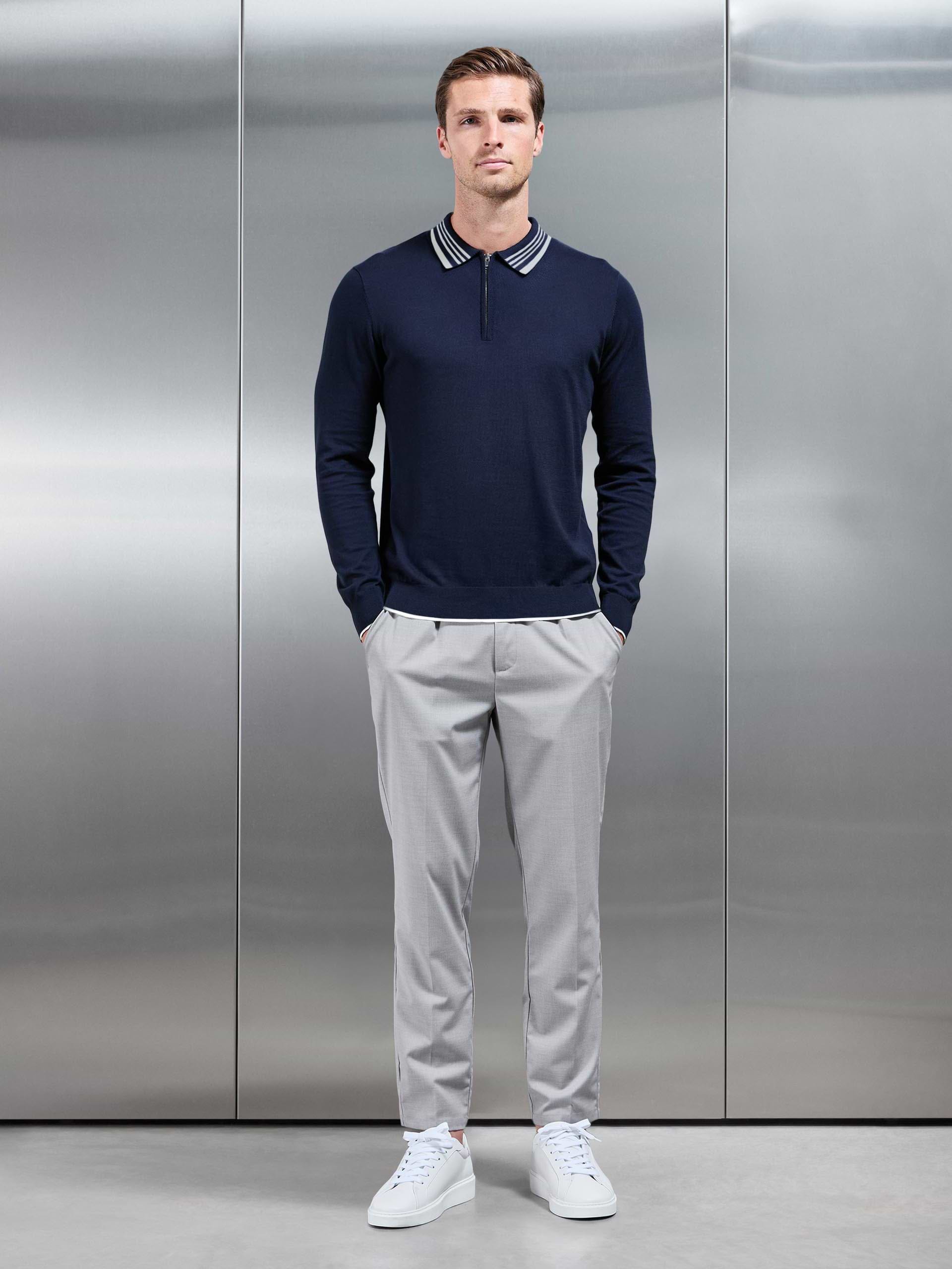 Tipped Knitted Long Sleeve Polo Shirt in Navy Stone