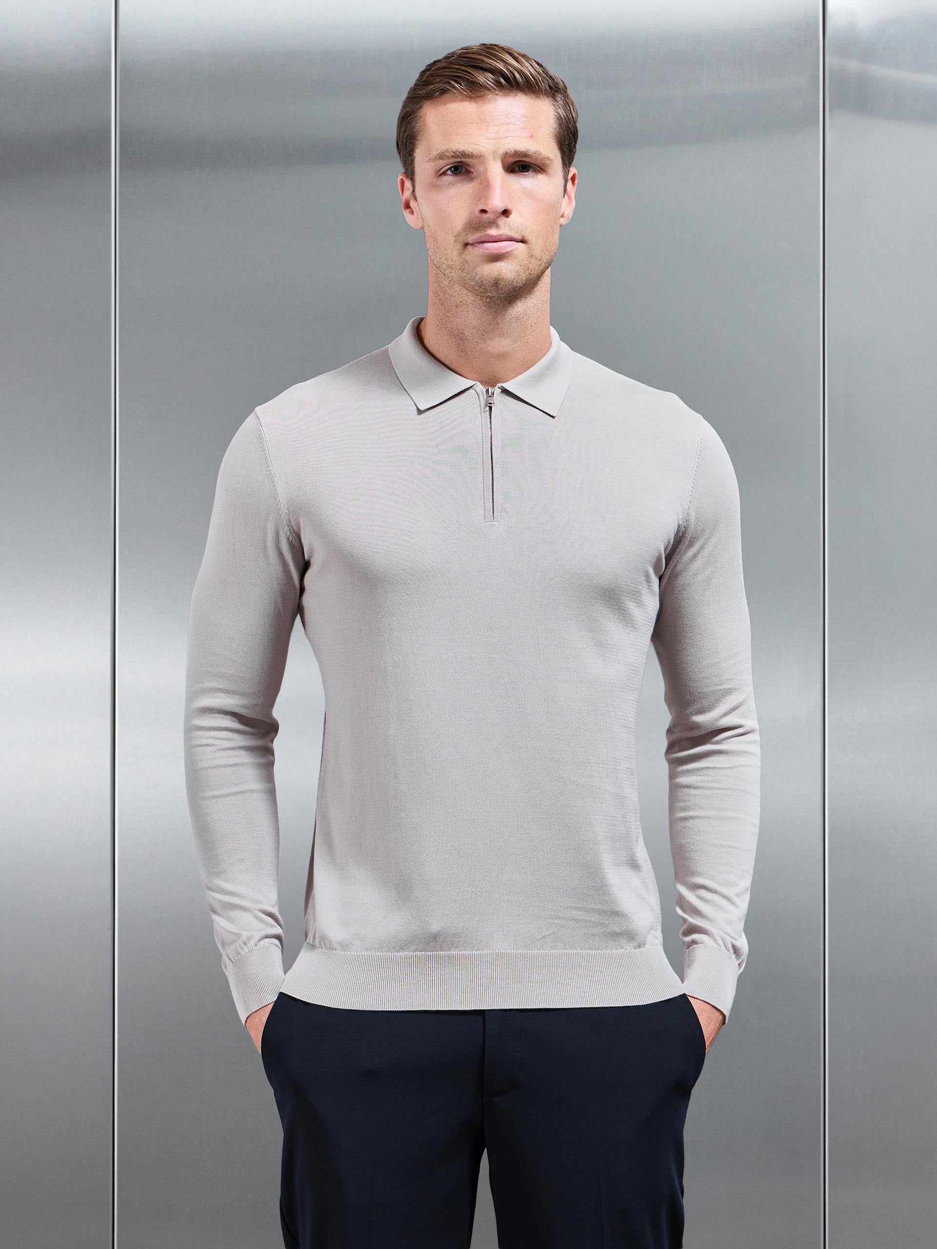 Cotton and Silk Long Sleeve Zip Polo Shirt in Stone