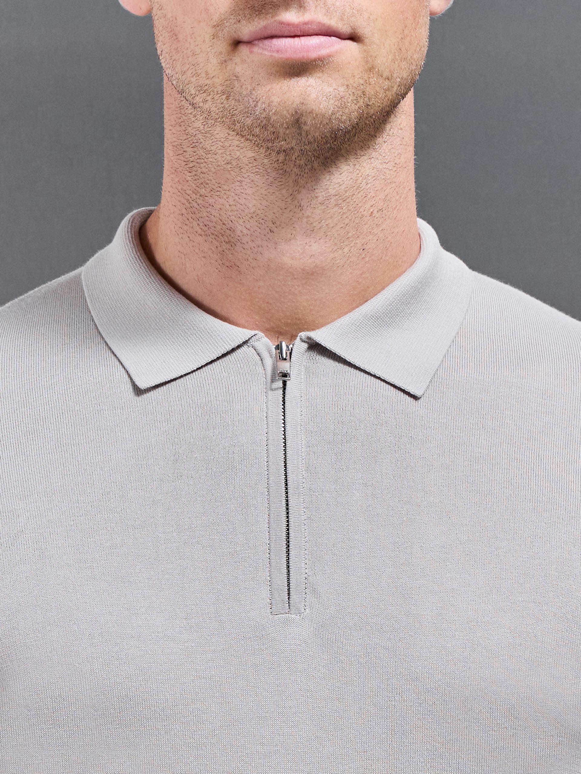 Cotton and Silk Long Sleeve Zip Polo Shirt in Stone