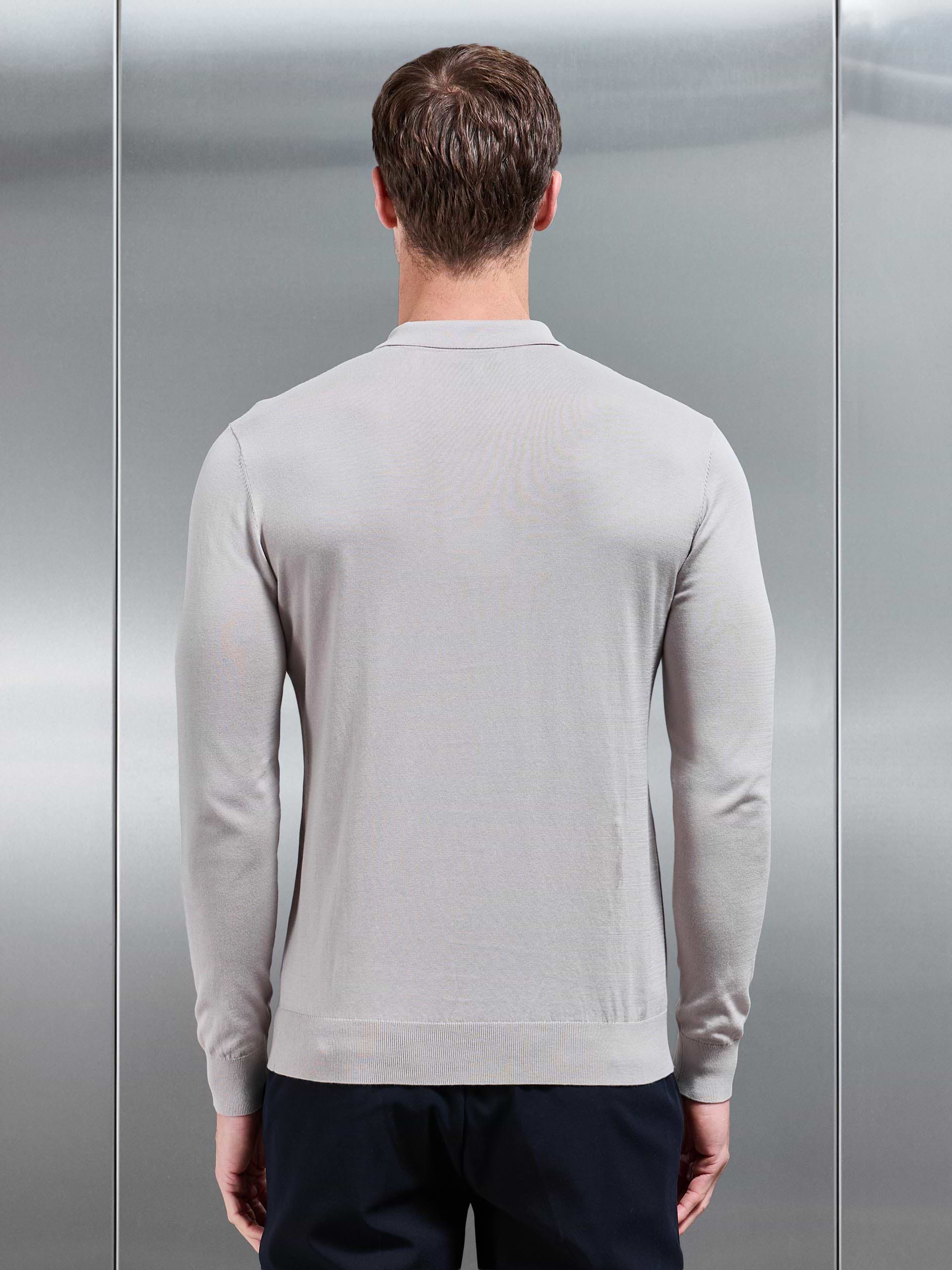 Cotton and Silk Long Sleeve Zip Polo Shirt in Stone