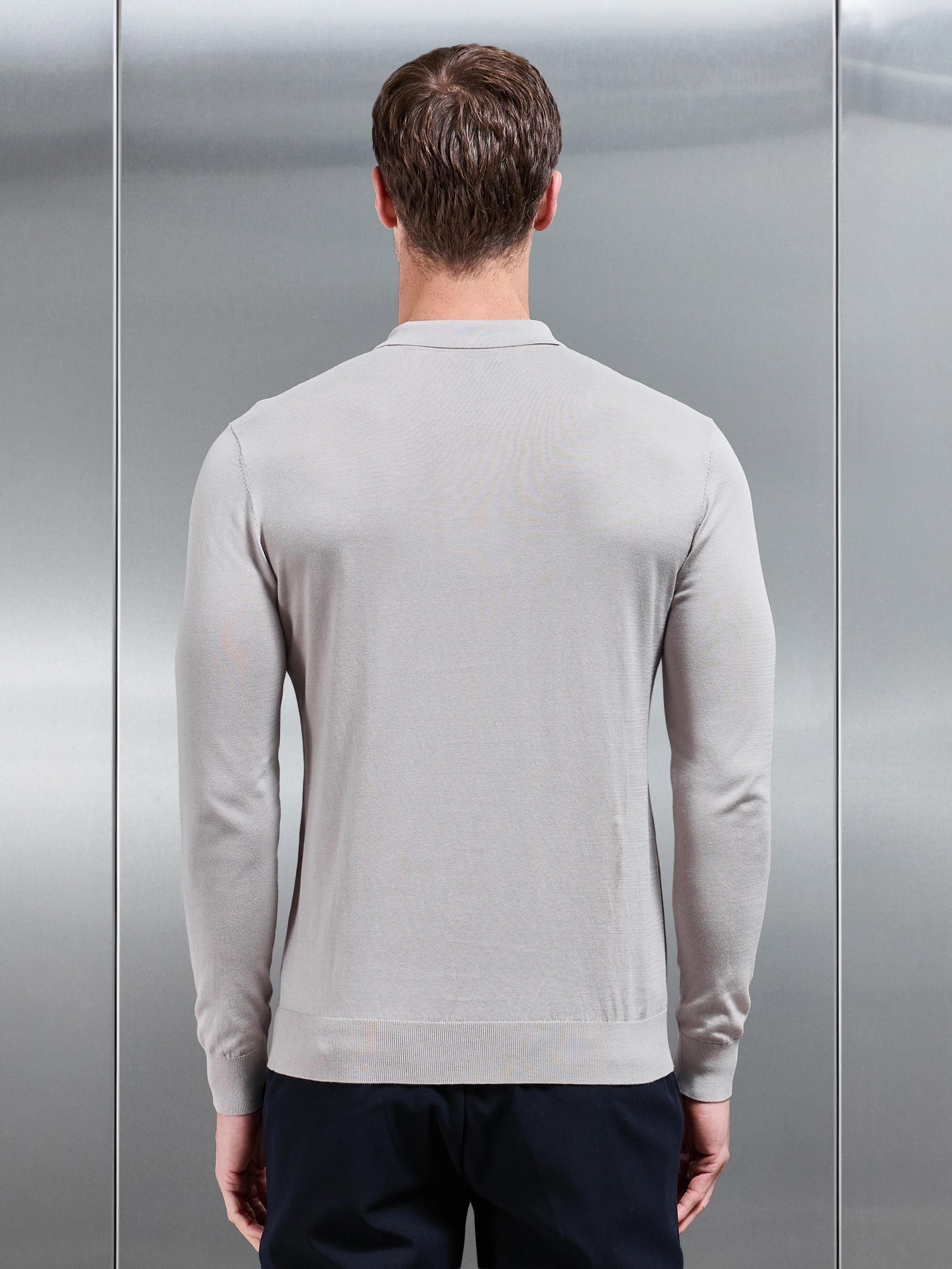 Cotton and Silk Long Sleeve Zip Polo Shirt in Stone