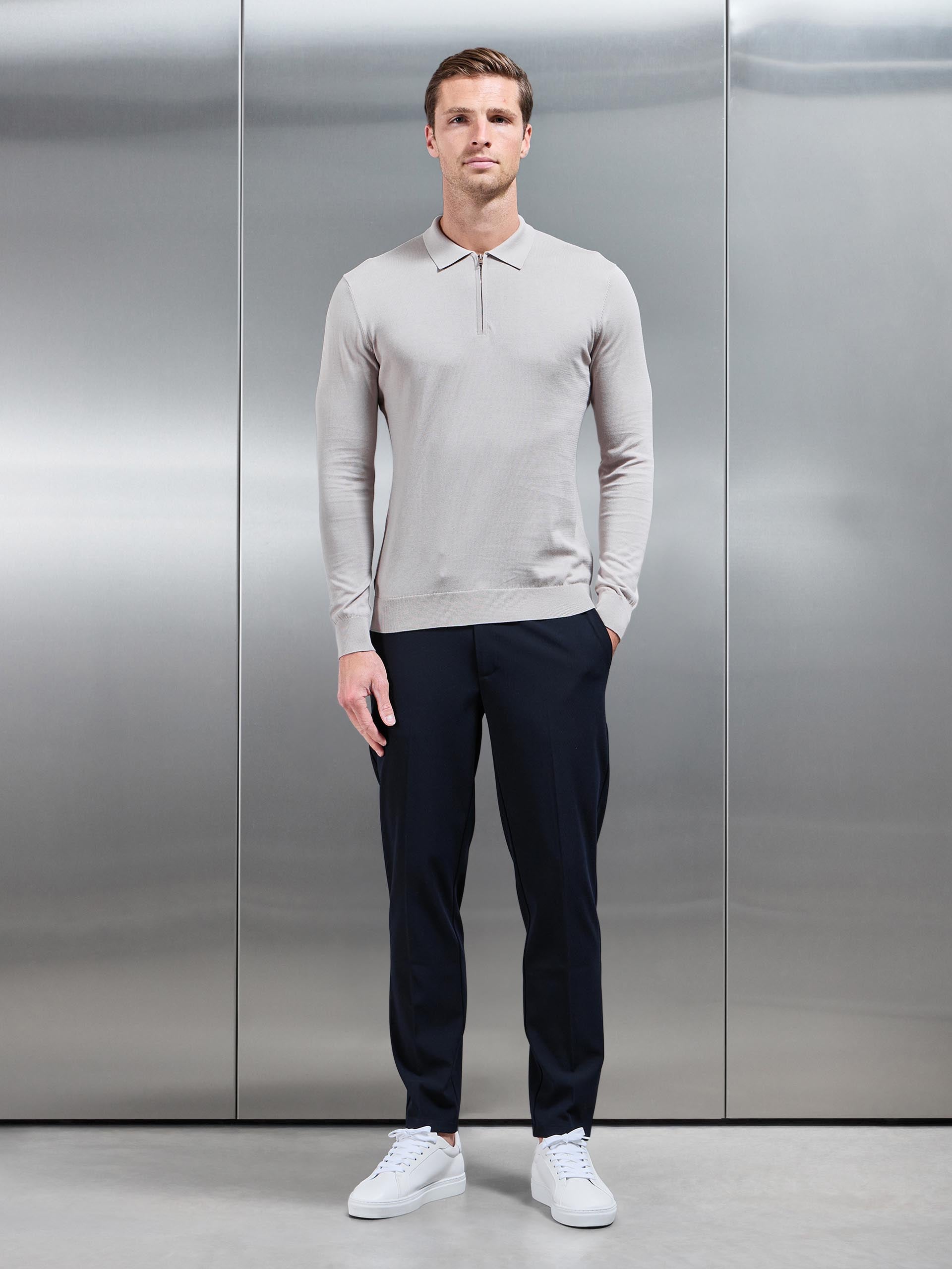 Cotton and Silk Long Sleeve Zip Polo Shirt in Stone