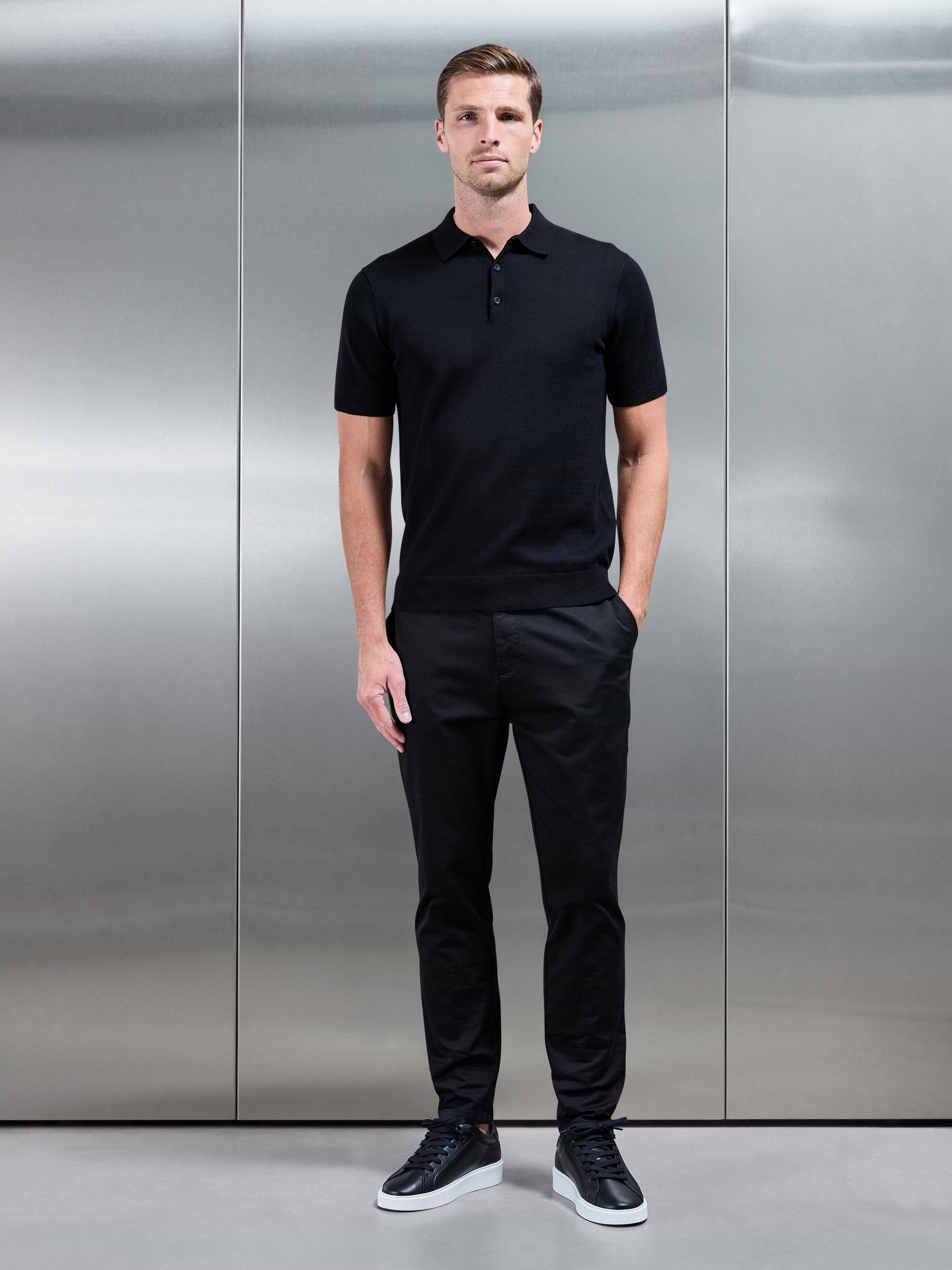 Knitted Button Polo Shirt in Black