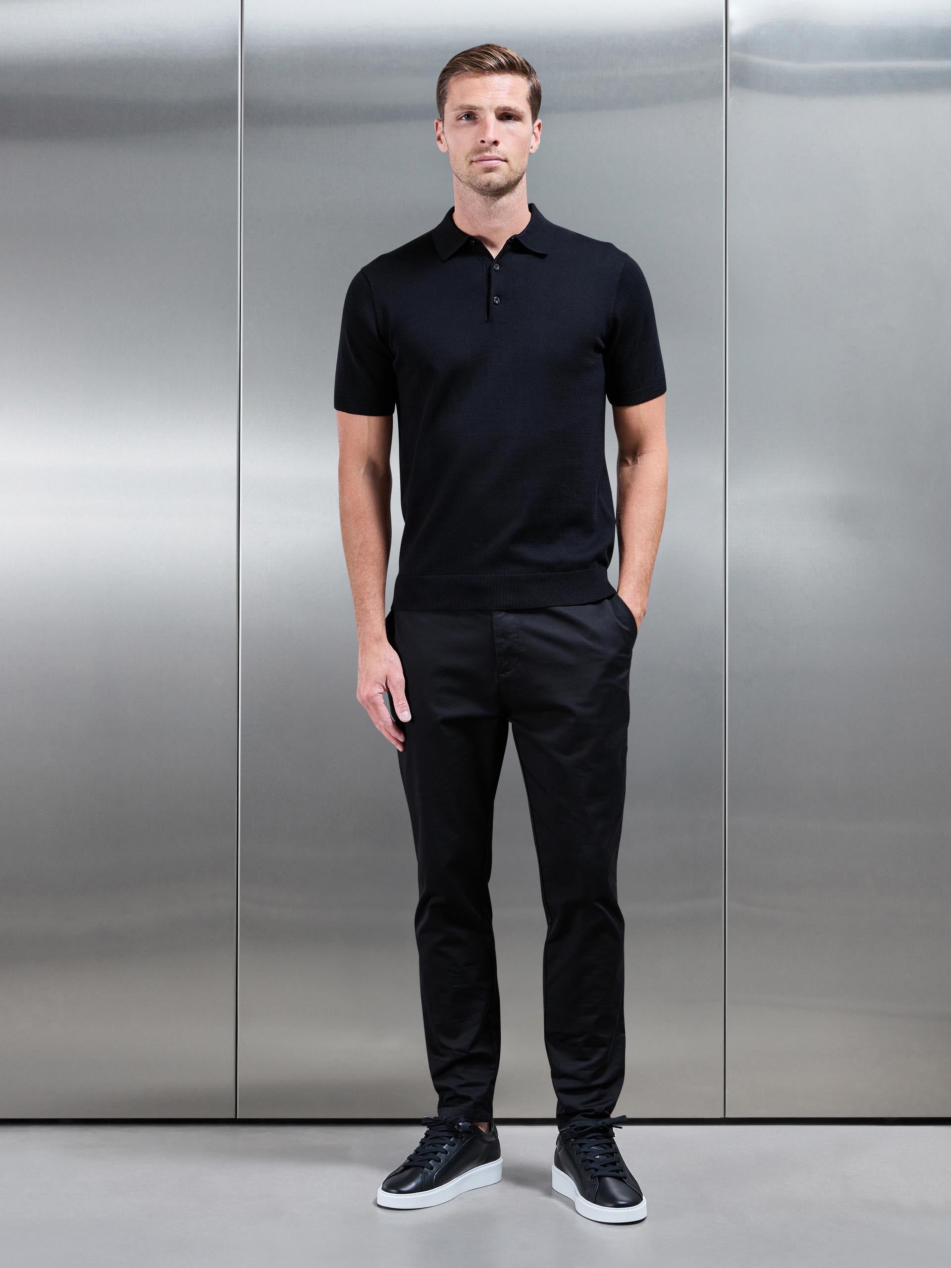 Knitted Button Polo Shirt in Black