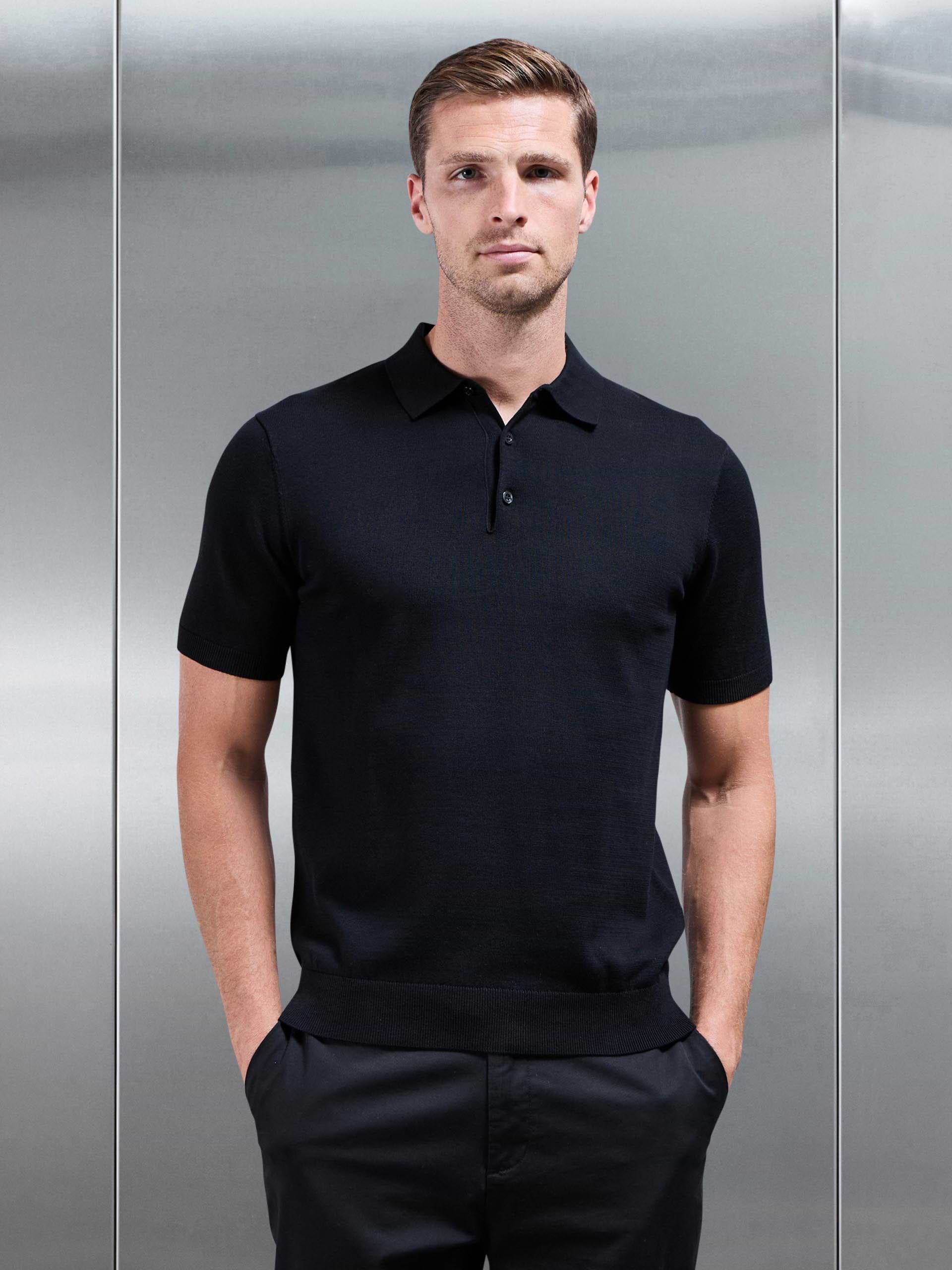 Knitted Button Polo Shirt in Black