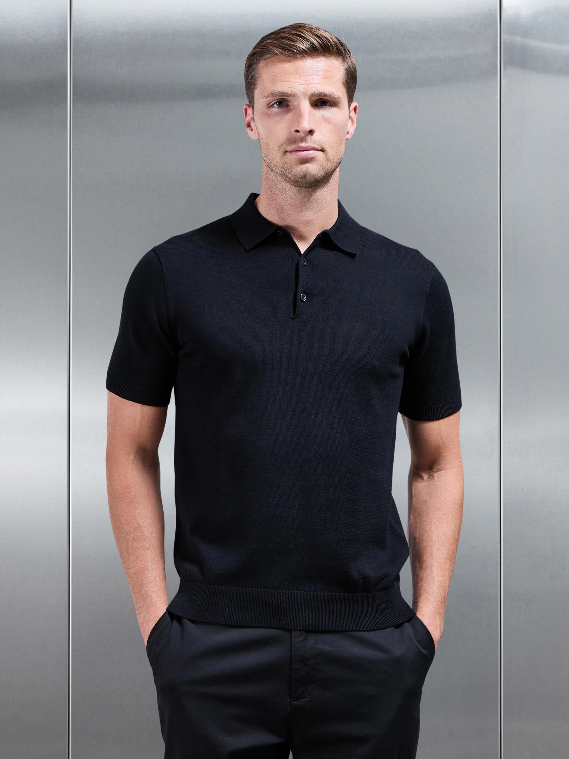 Knitted Button Polo Shirt in Black