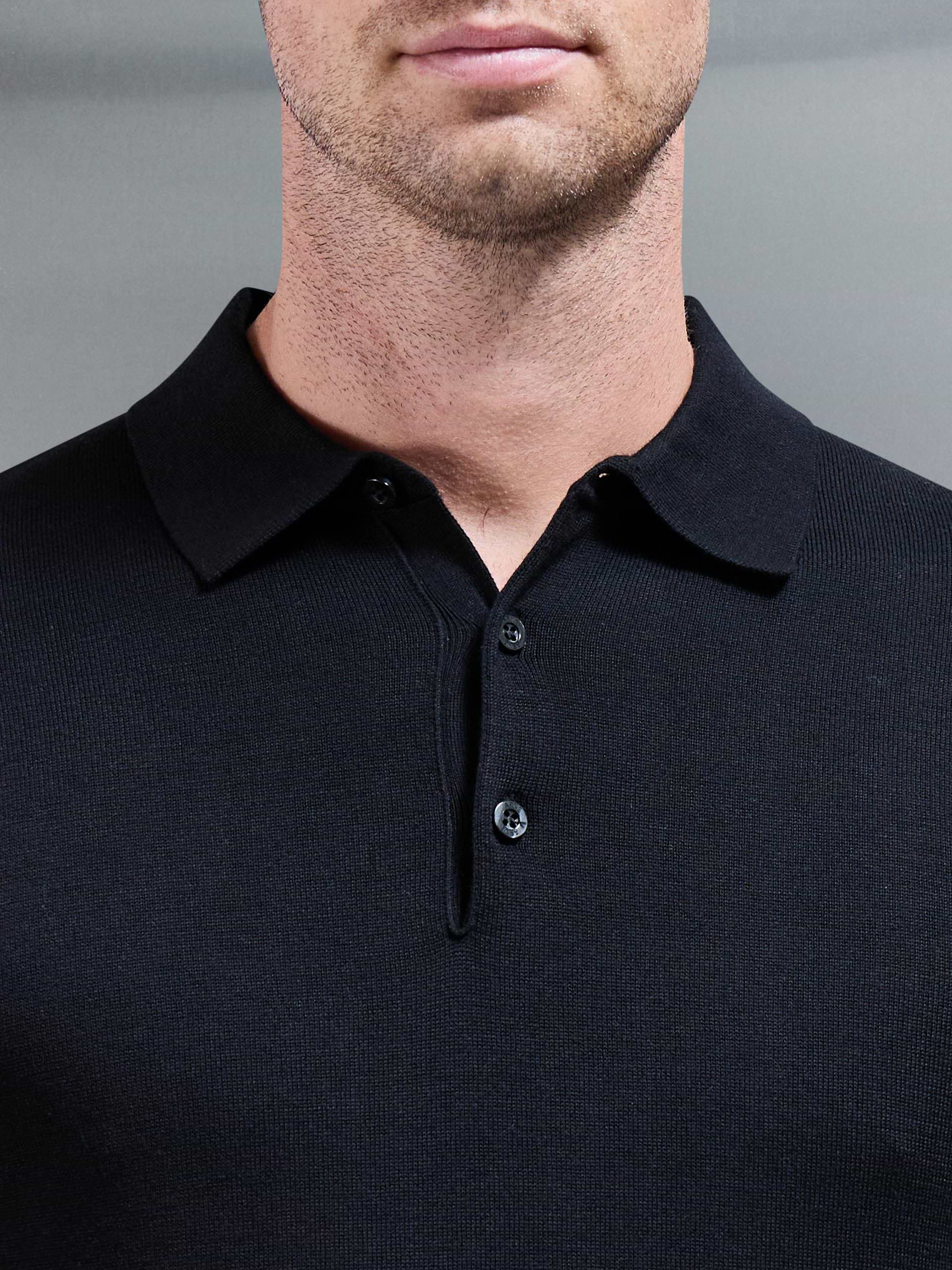 Knitted Button Polo Shirt in Black