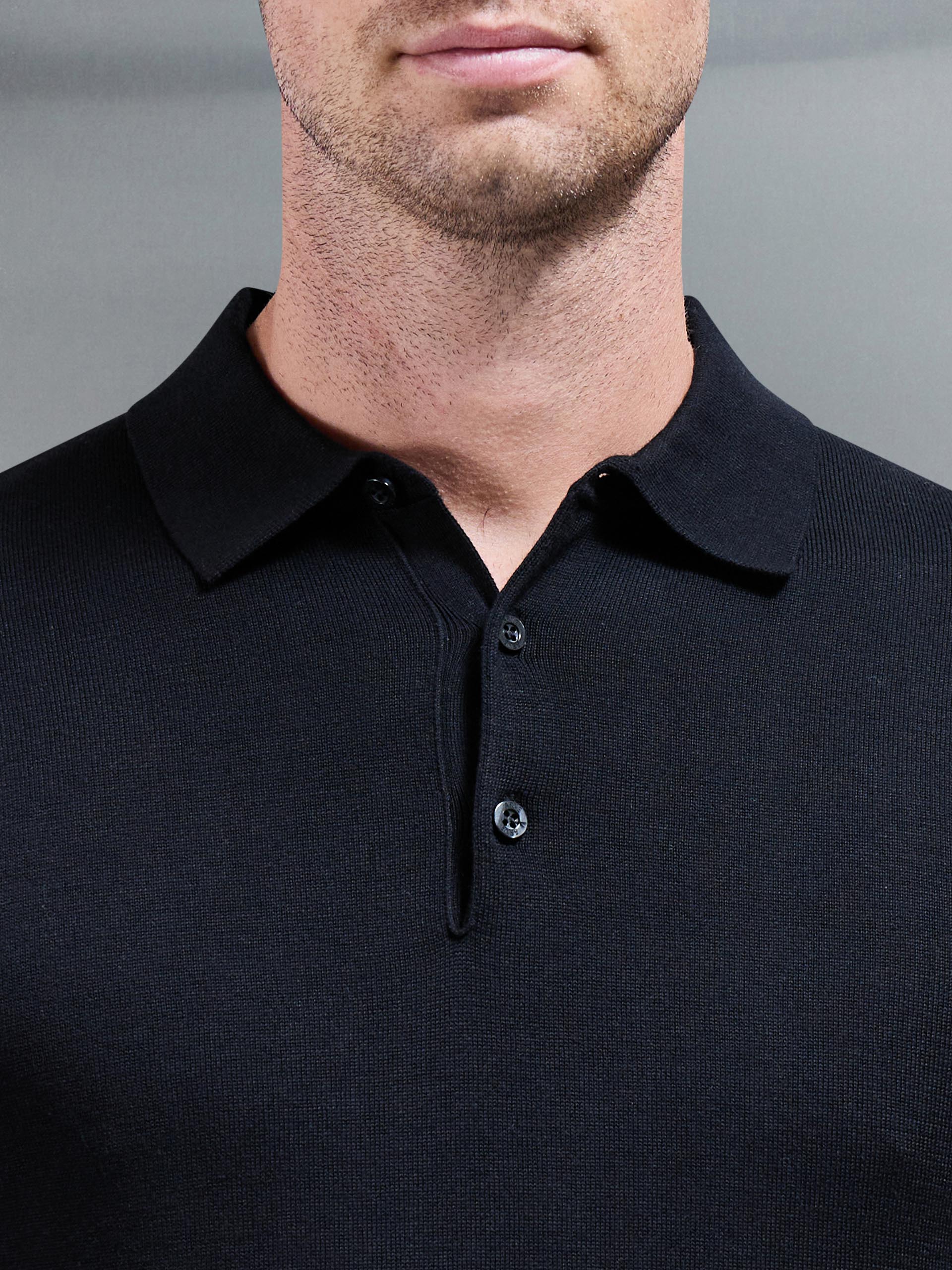 Knitted Button Polo Shirt in Black