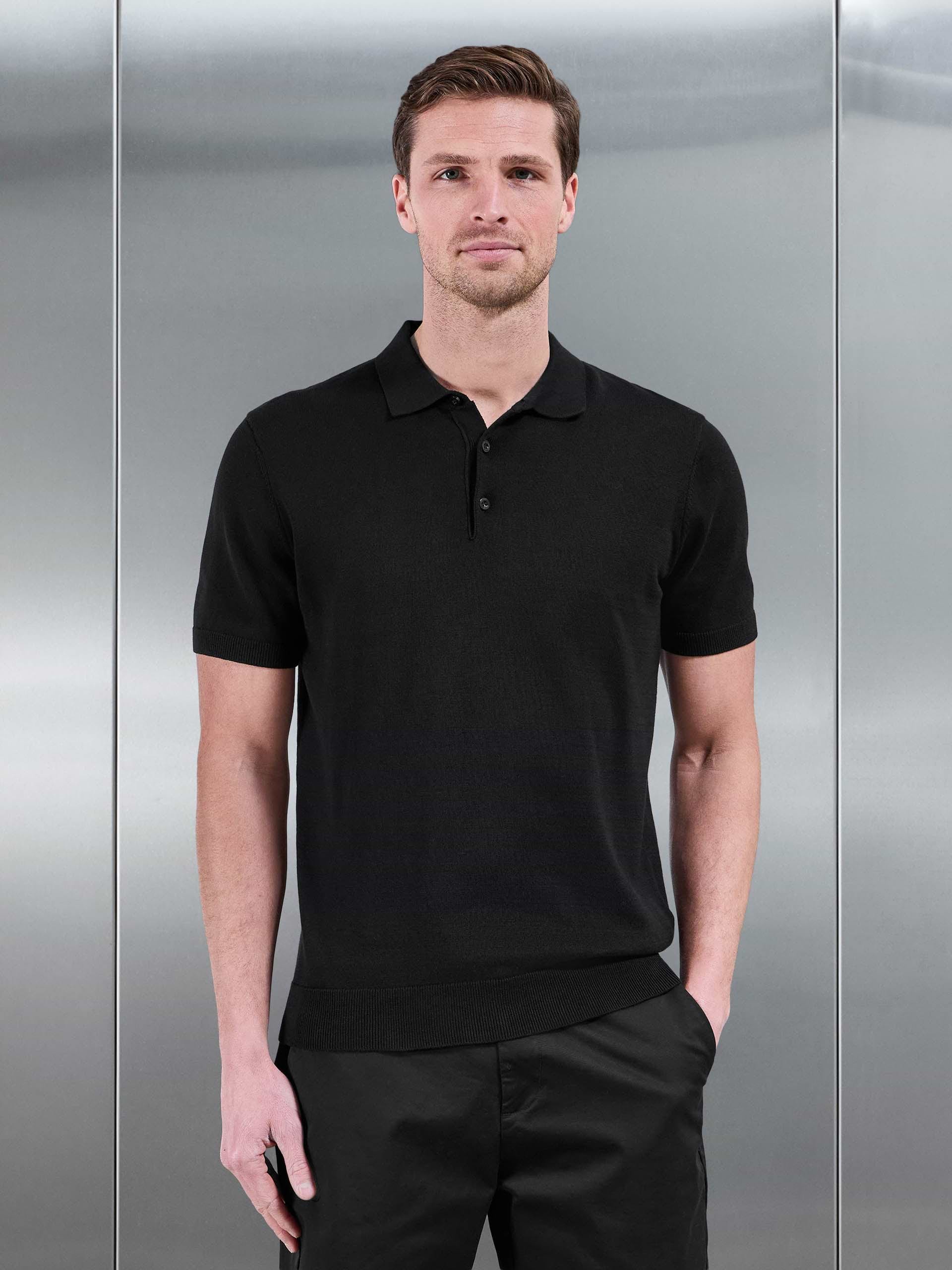 Cotton Knitted Button Polo Shirt in Black
