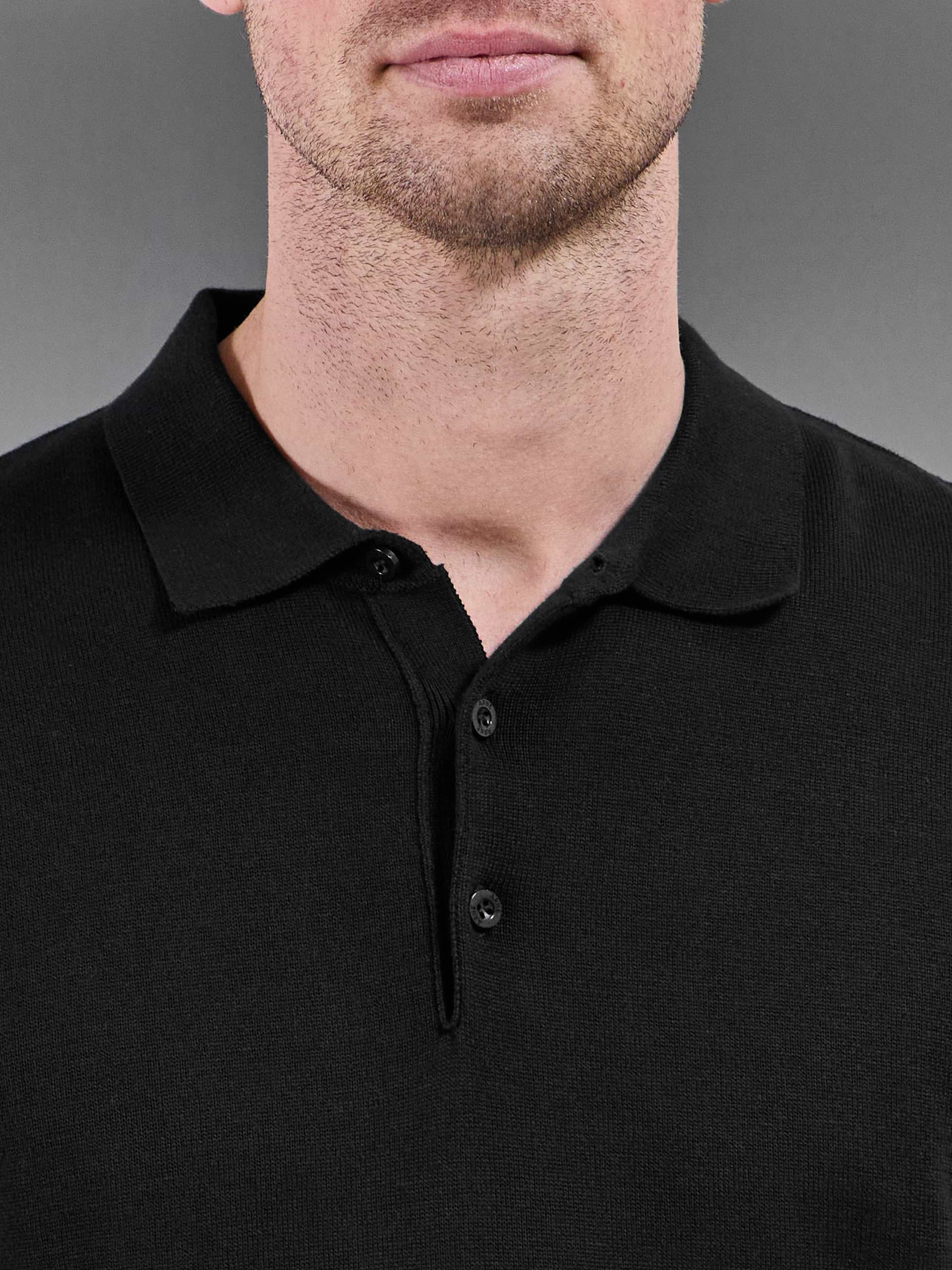 Cotton Knitted Button Polo Shirt in Black