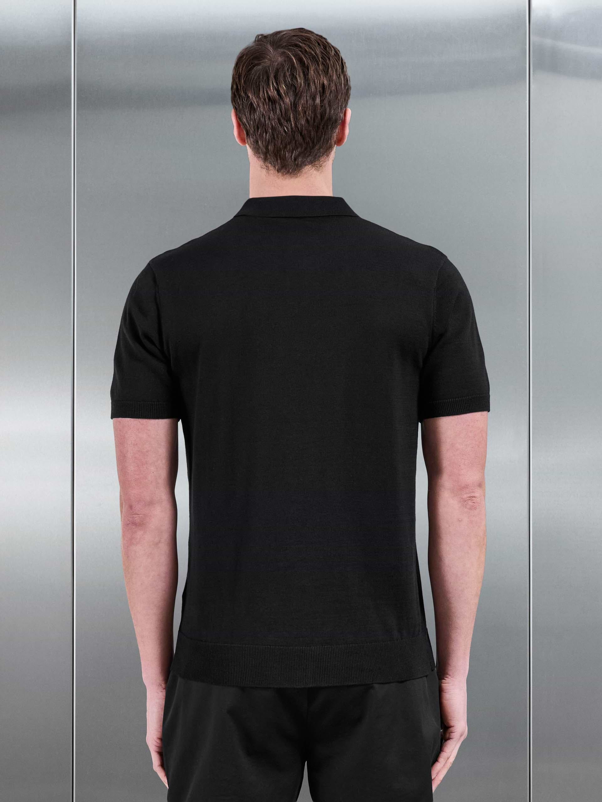 Cotton Knitted Button Polo Shirt in Black