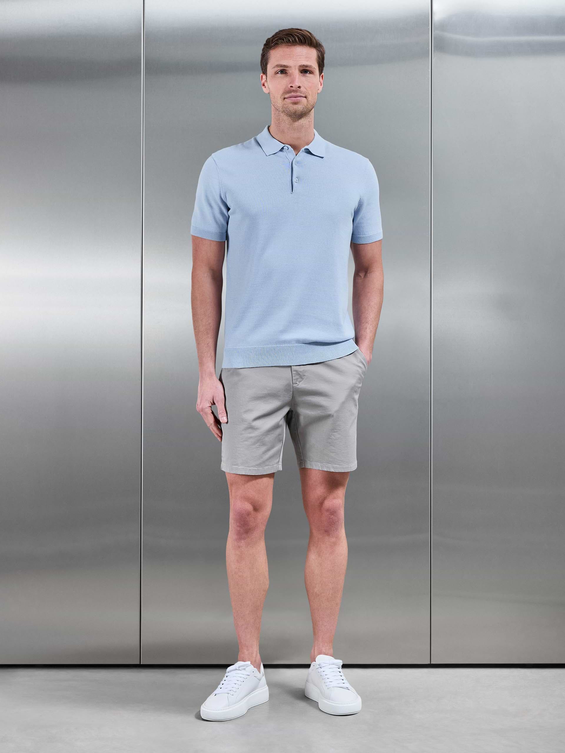 Cotton Knitted Button Polo Shirt in Light Blue