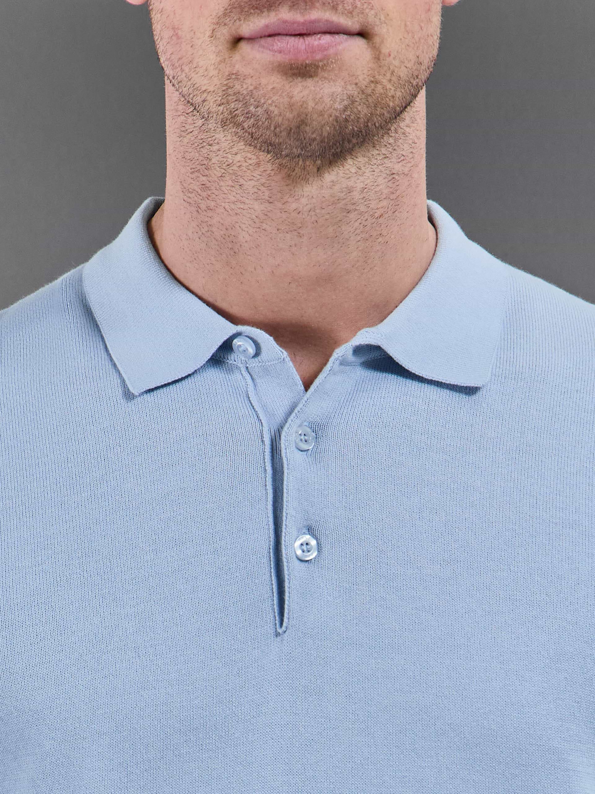Cotton Knitted Button Polo Shirt in Light Blue