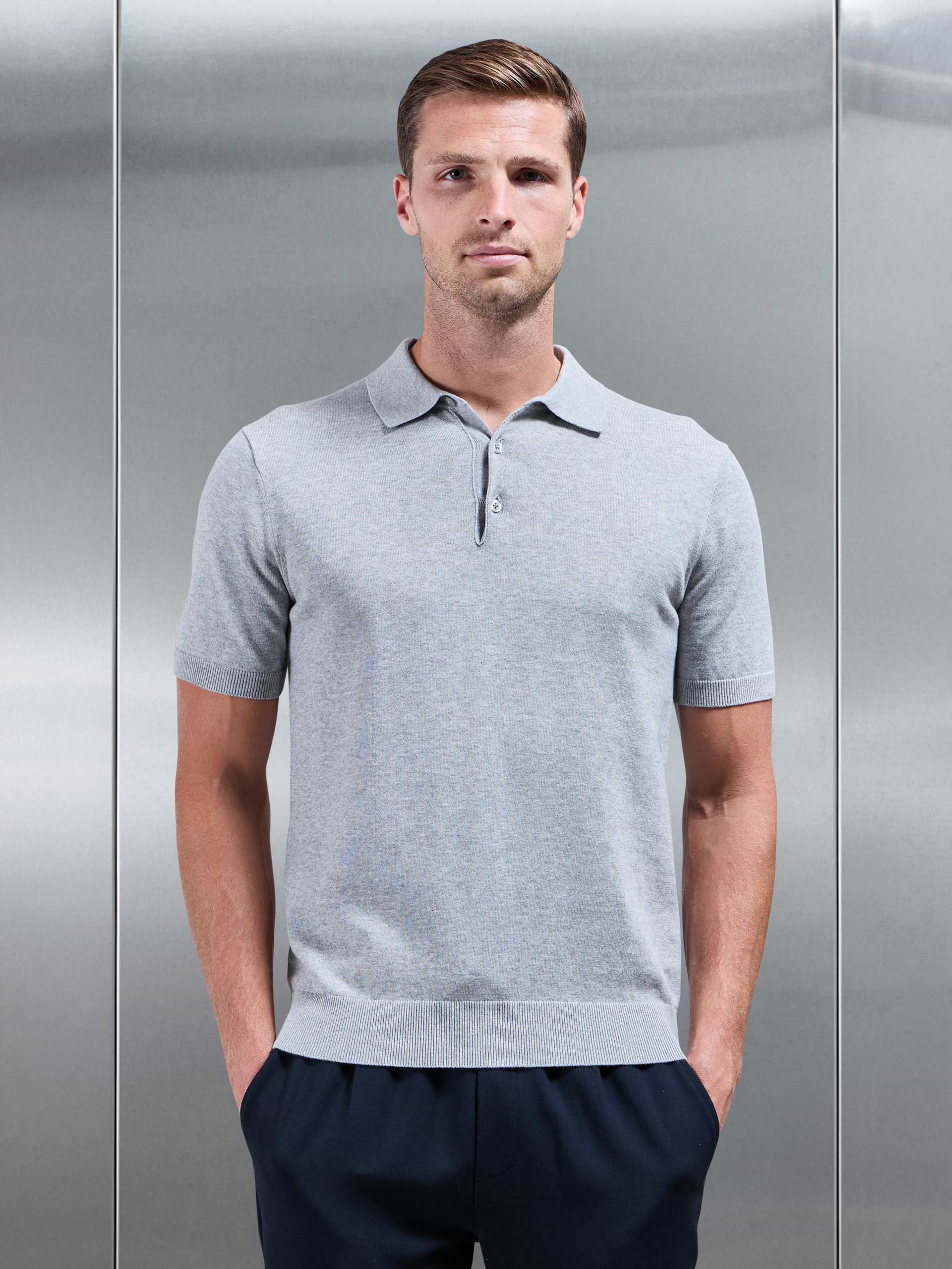 Knitted Button Polo Shirt in Marl Grey