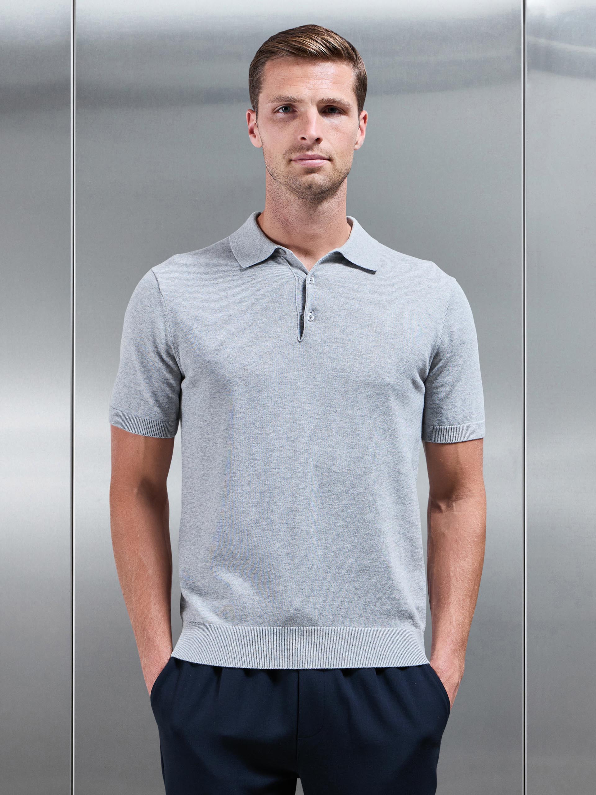 Knitted Button Polo Shirt in Marl Grey
