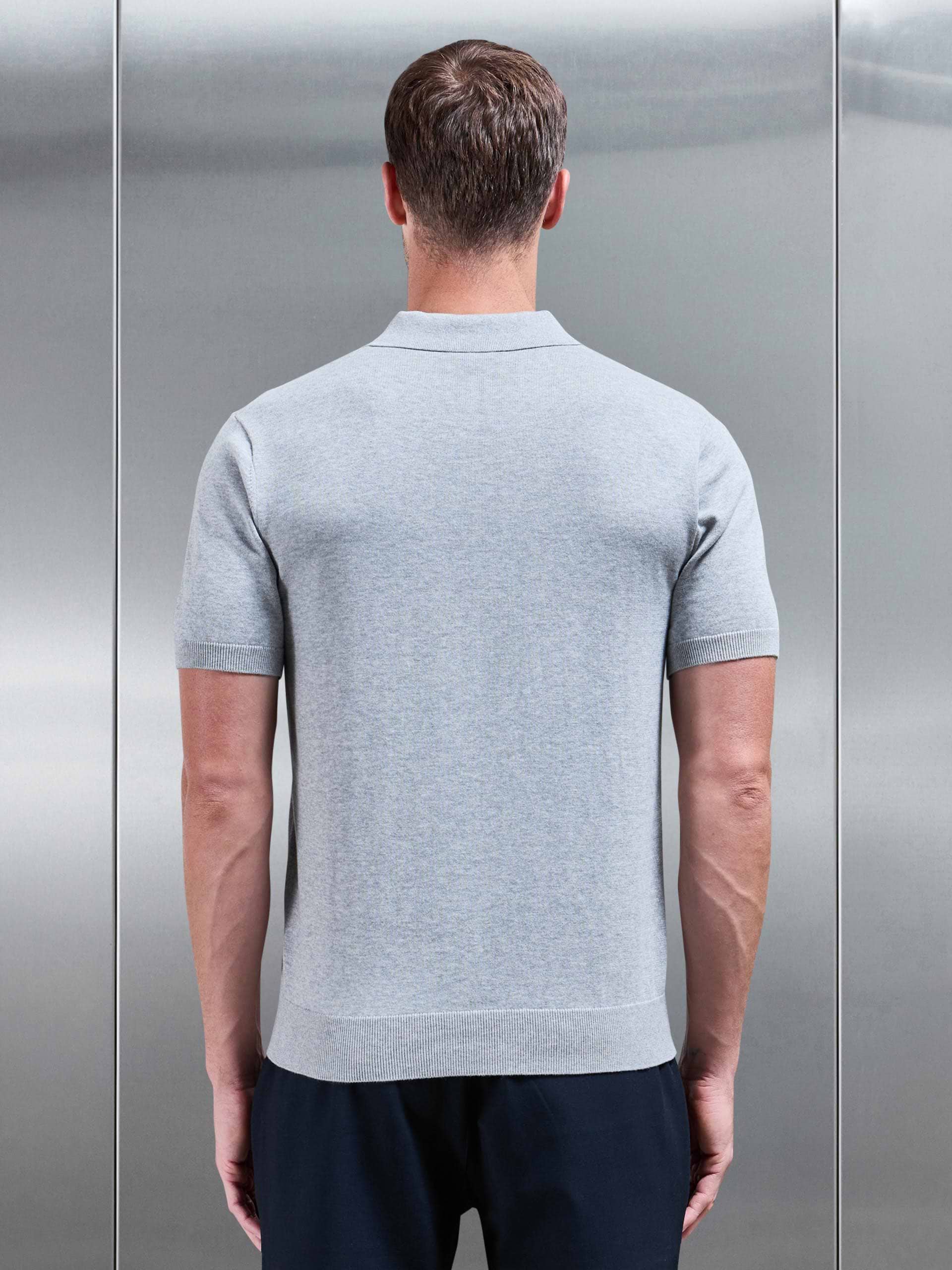 Knitted Button Polo Shirt in Marl Grey