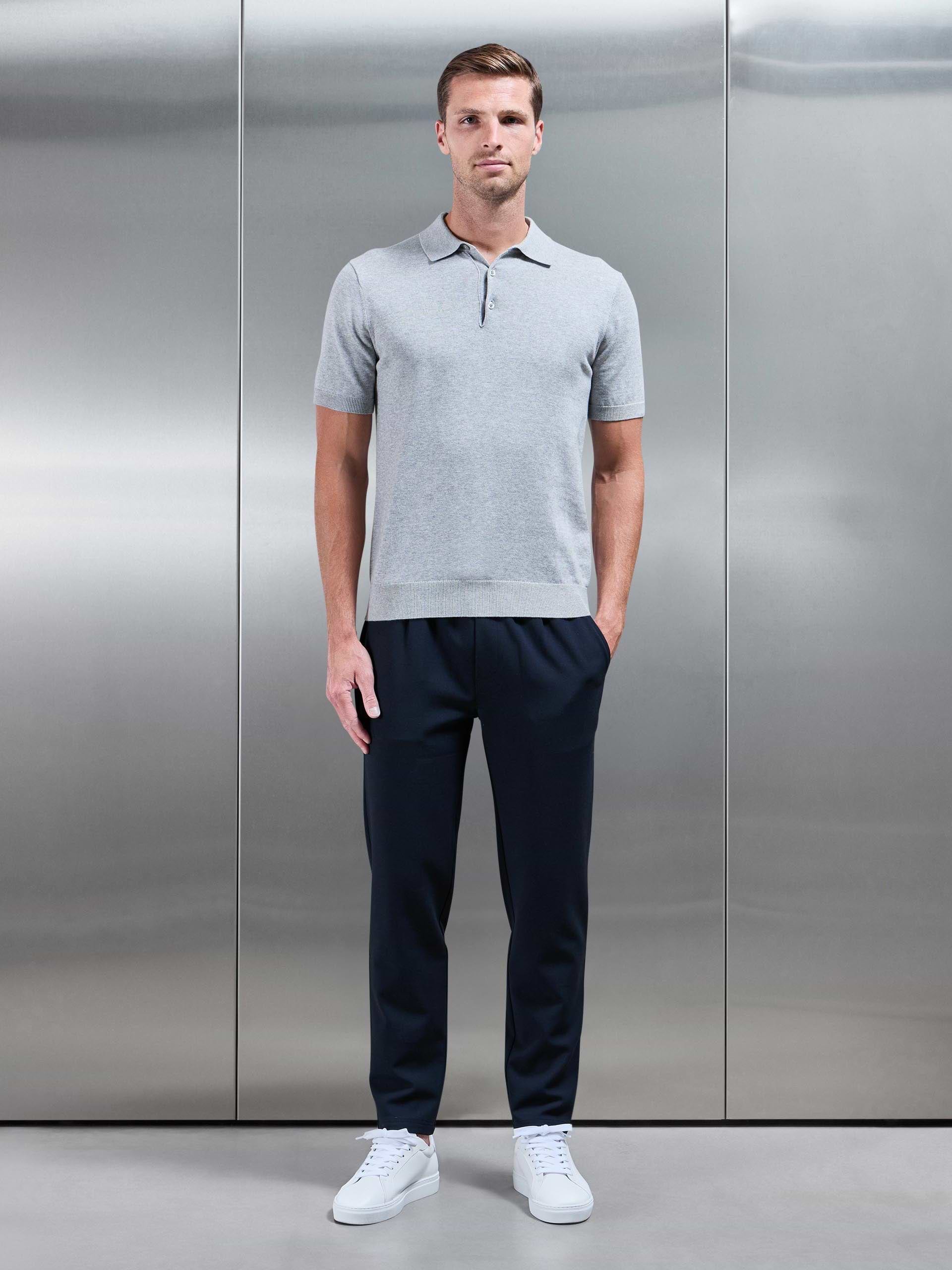 Knitted Button Polo Shirt in Marl Grey