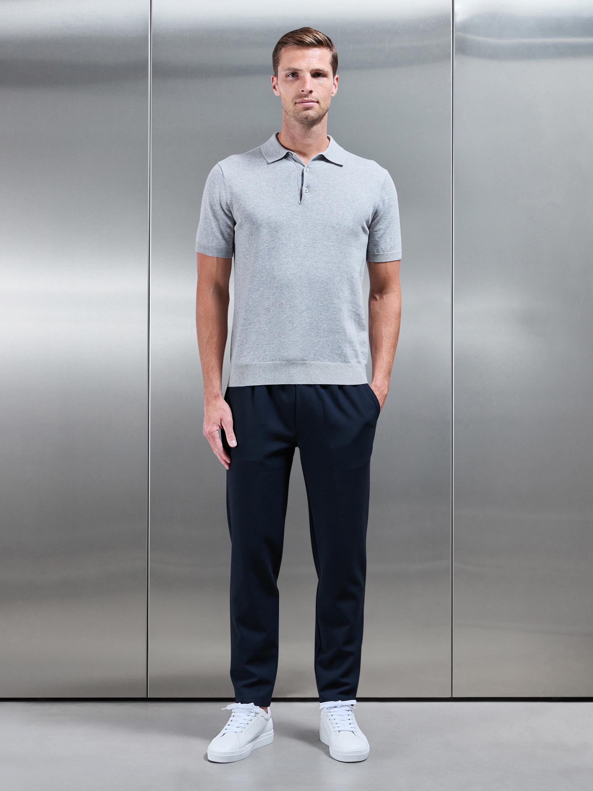Knitted Button Polo Shirt in Marl Grey