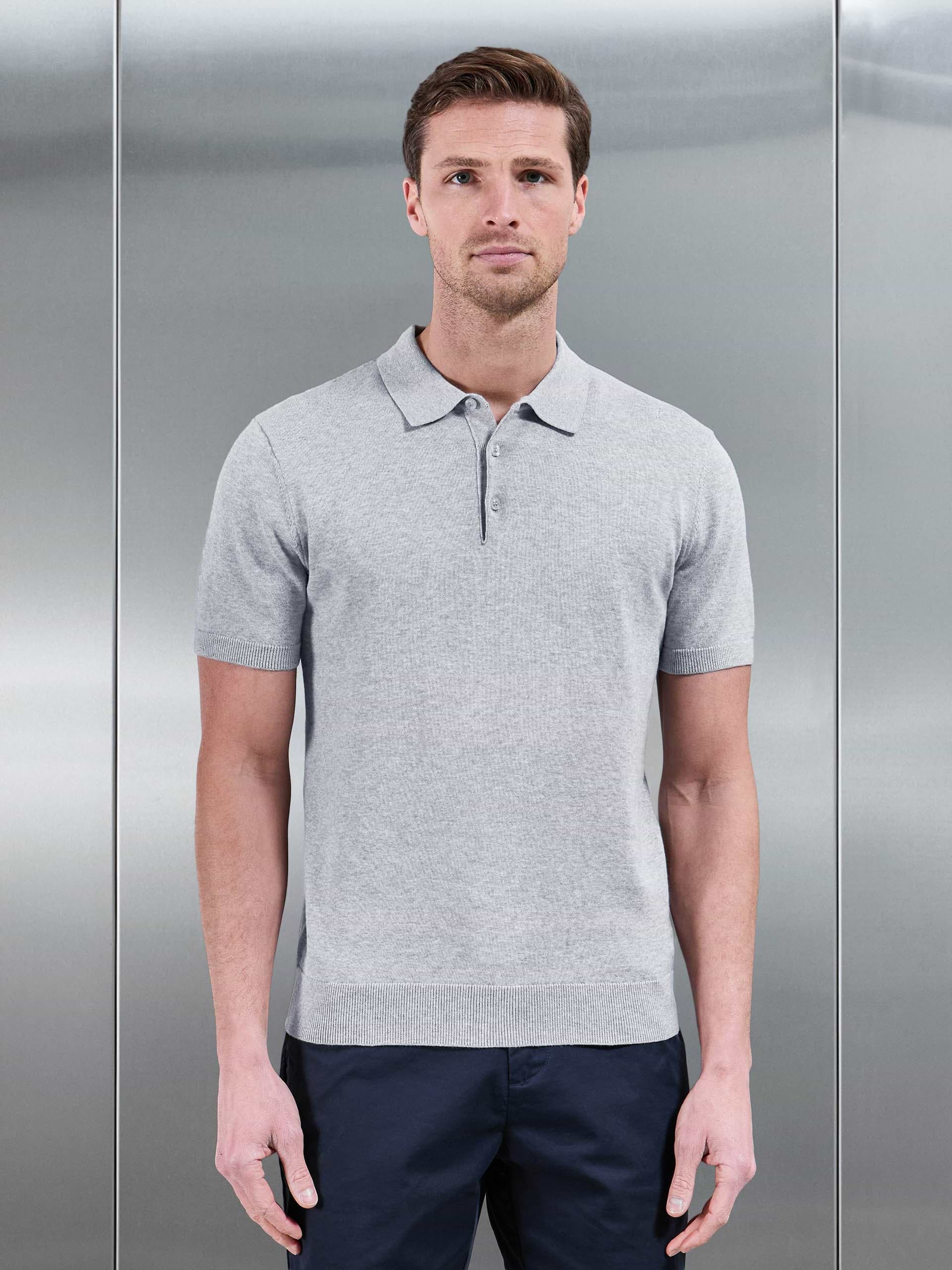 Cotton Knitted Button Polo Shirt in Marl Grey
