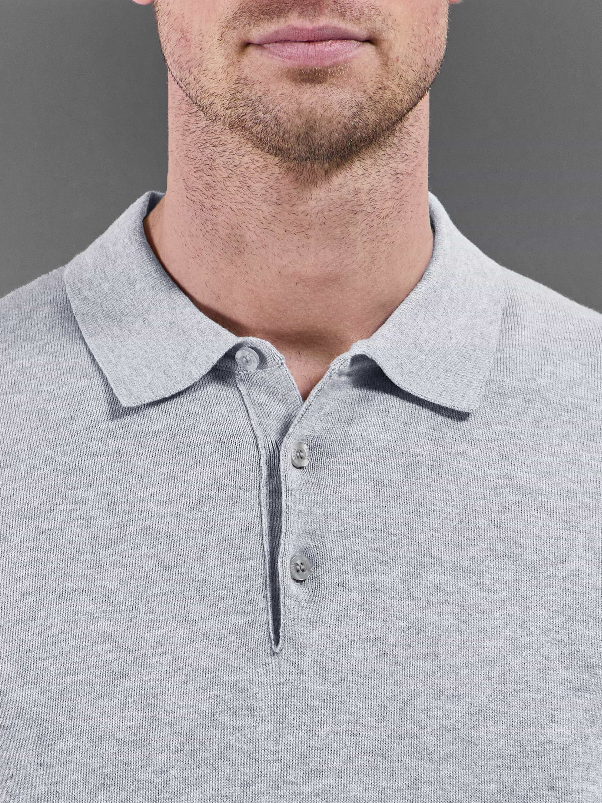 Cotton Knitted Button Polo Shirt in Marl Grey