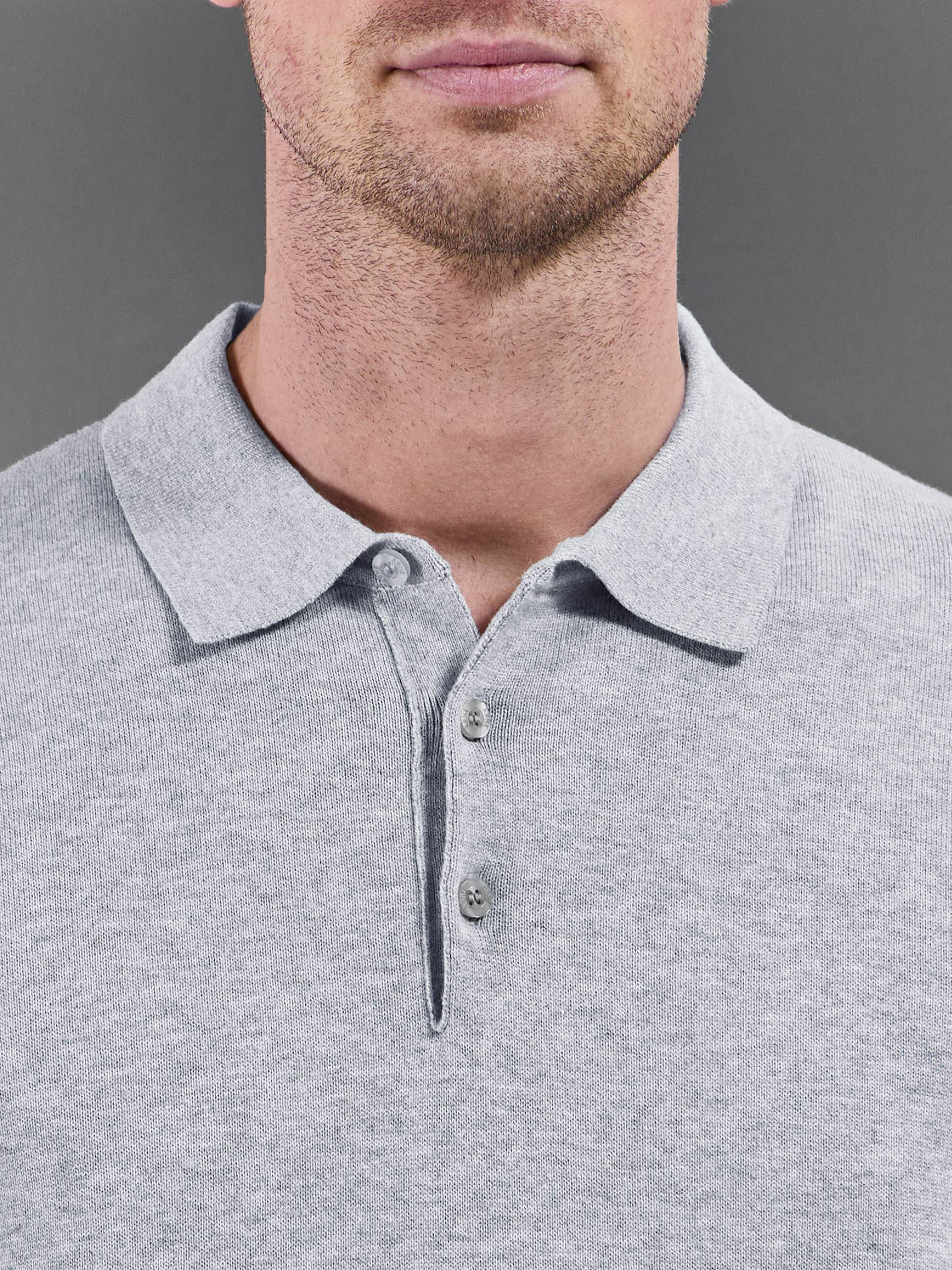 Cotton Knitted Button Polo Shirt in Marl Grey