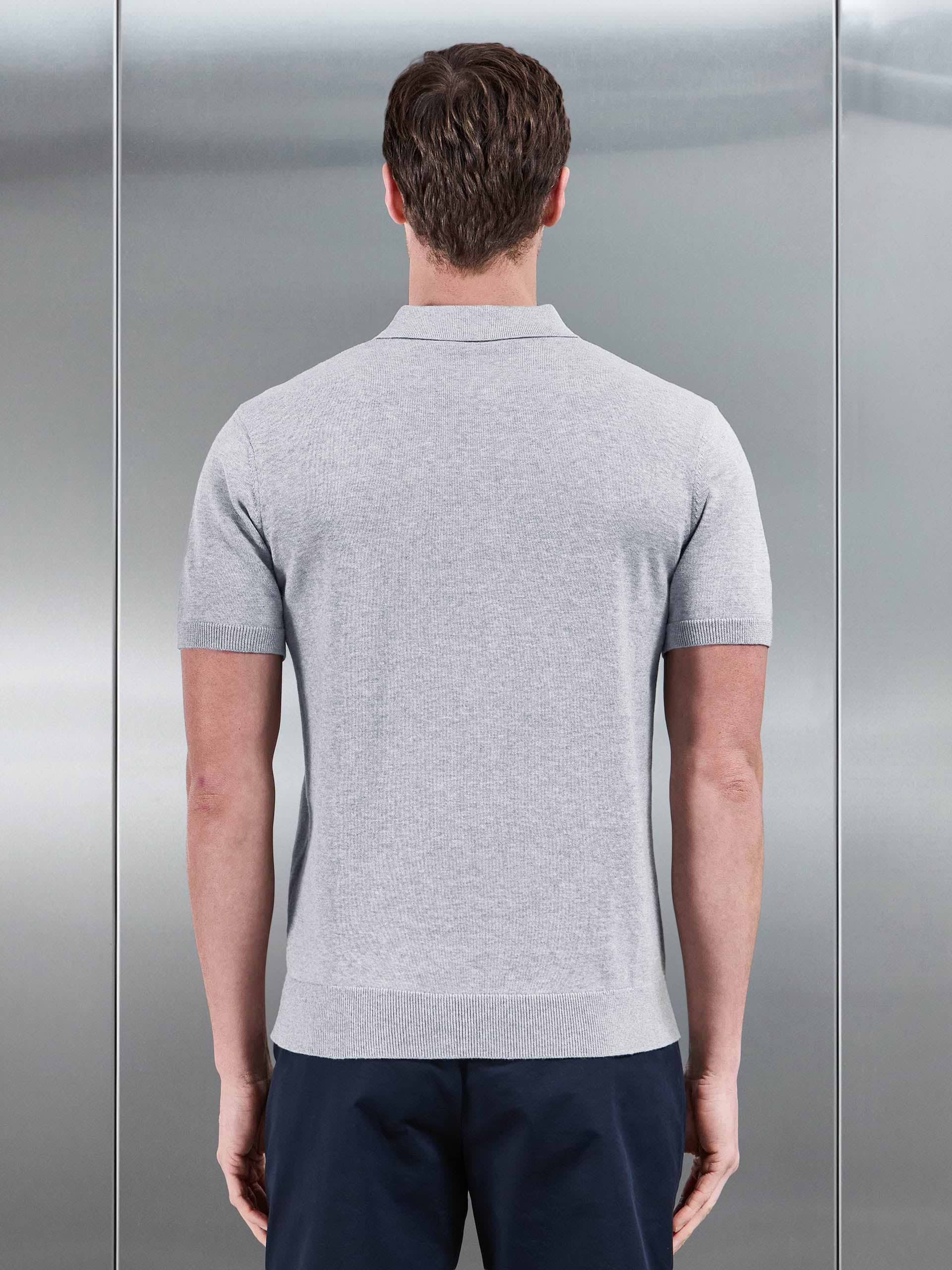 Cotton Knitted Button Polo Shirt in Marl Grey