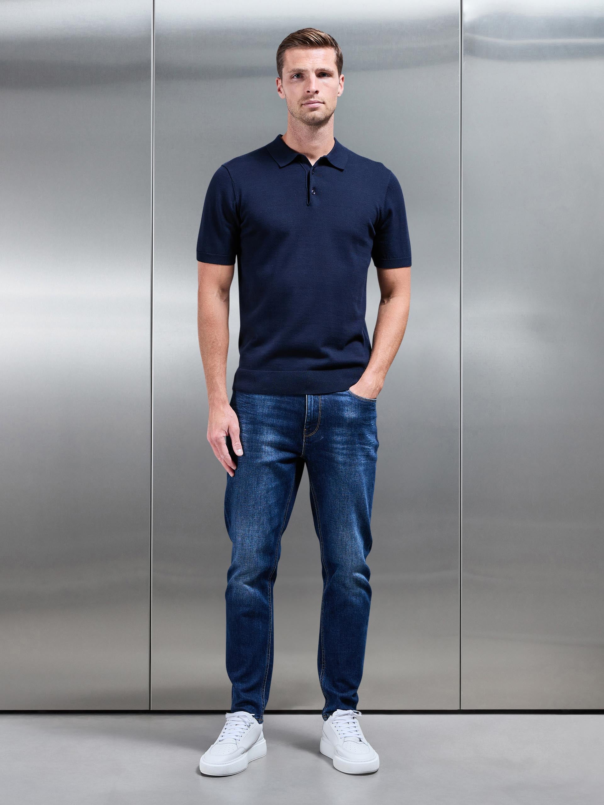 Knitted Button Polo Shirt in Navy